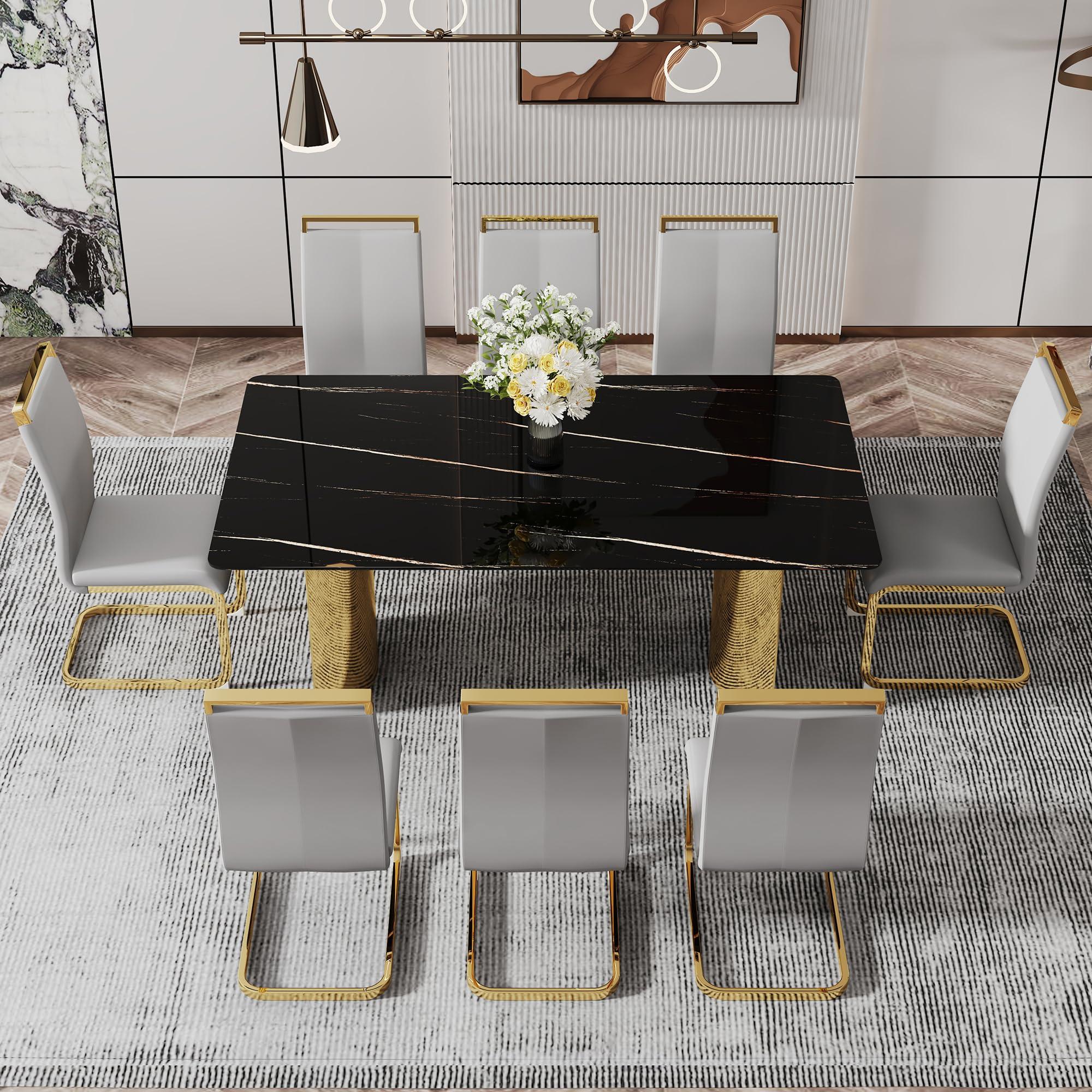 MUUOKY MUUOKY 71''Dining Table Set for 8,Kitchen Table and Chairs for 8, 0.39-Inch Thick Tabletop with Chrome-Plated Stainless Steel Base and 8 PU Leather Chairs, for Kitchen Dining Room