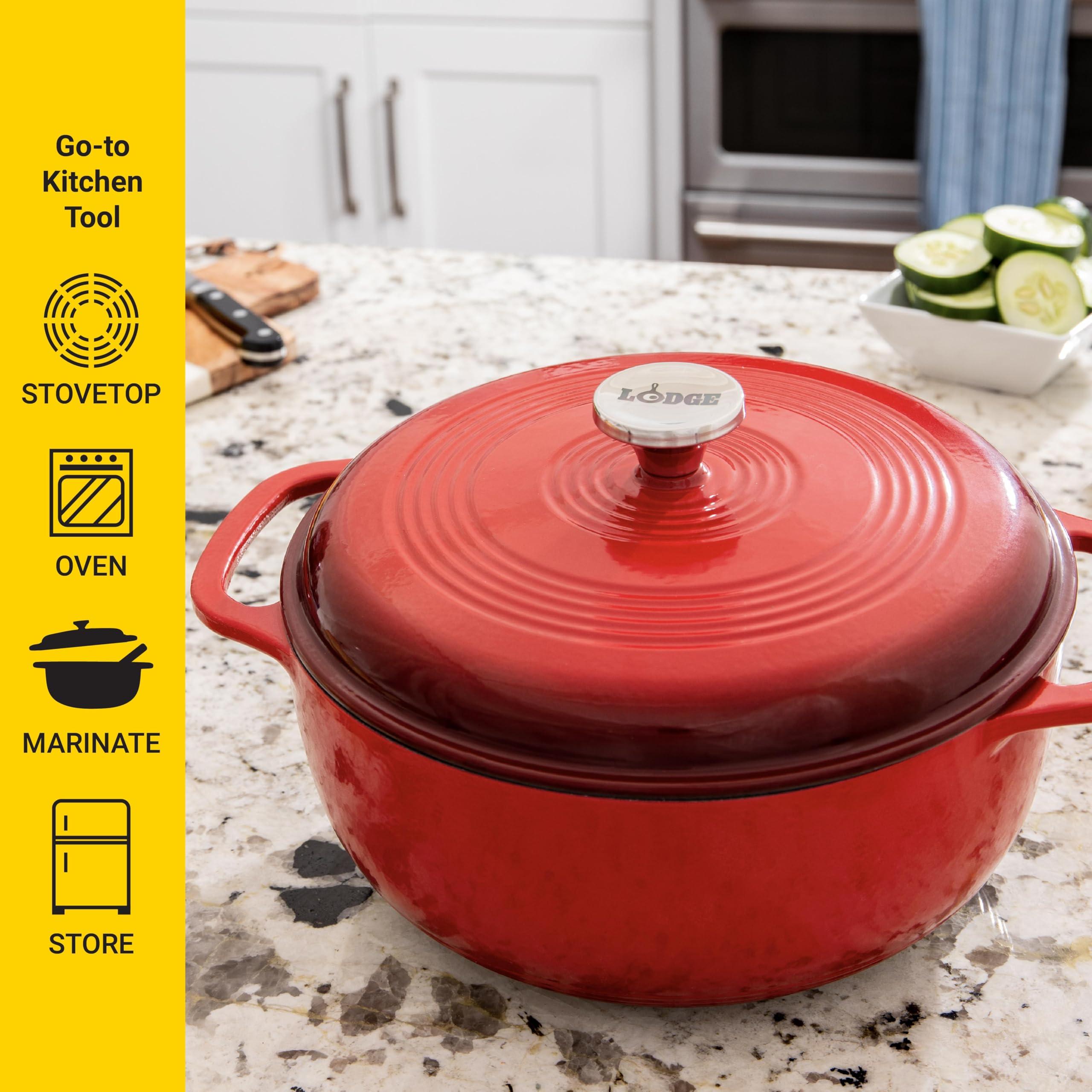 Lodge Lodge 6 Quart Enameled Cast Iron Dutch Oven with Lid Dual Handles Oven Safe up to 500 F or on Stovetop - Use to Marinate, Cook, Bake, Refrigerate and Serve Island Spice Red