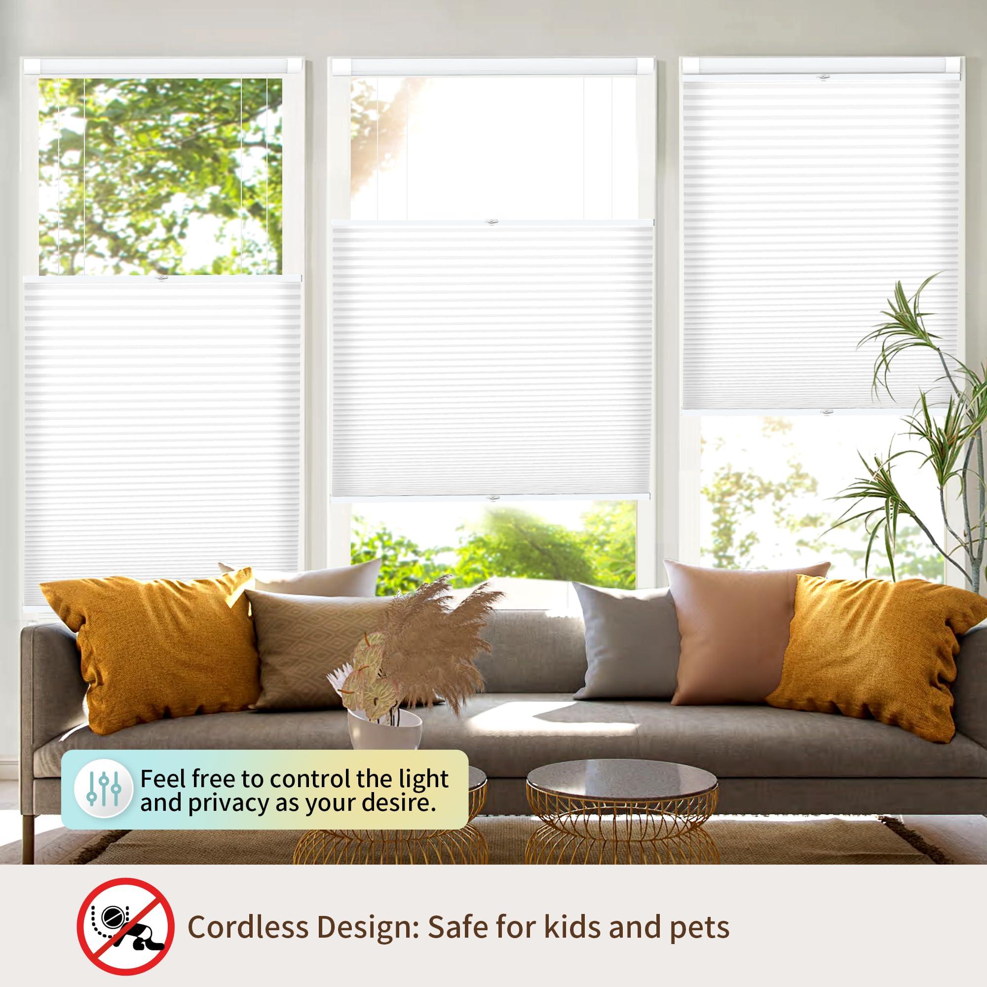 Hiifroy Hiifroy No Tools No Drill Blinds for Indoor Windows,Cordless Top Down Bottom Up Honeycomb Cellular Shades with 1" Fabric,Light Filtering White 30" W x 42" H