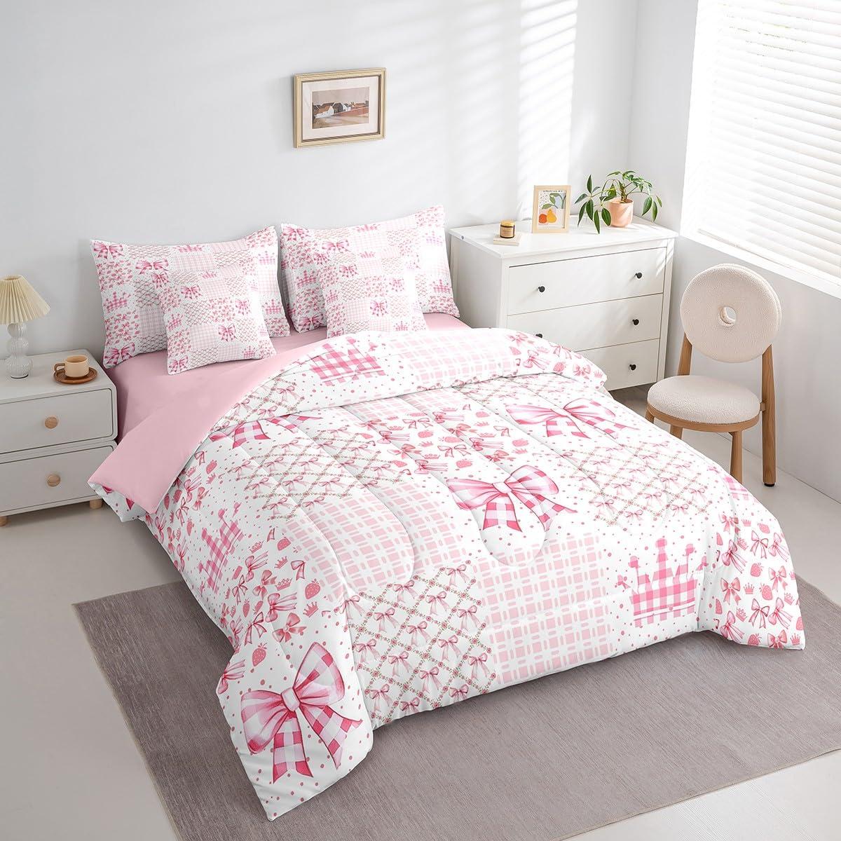 Manfei 7 Pcs Princess Crown Comforter Set,Geometric Pink Plaids Patchwork Bedding Set,Kawaii Bowknot Fairy Tale Bow-tie Fantasy Bed Set(Comforter+Fitted+Flat Sheet+Pillowcases+Pillow Covers),Queen