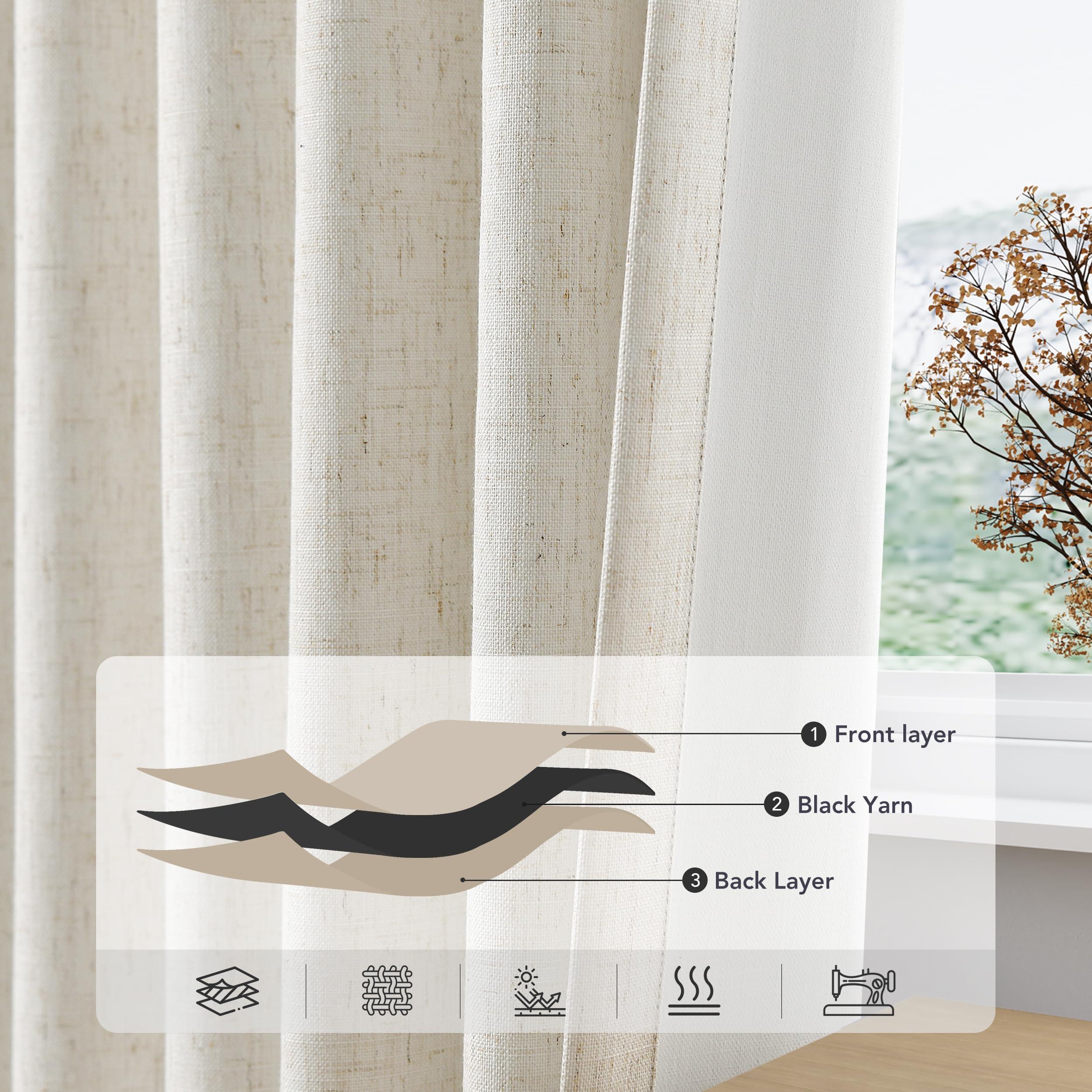 Nanspring Linen Black Out Curtains 96 Inch Long Grommet Living Room Darkening Window Curtain Panel Extra Long Natural Earth Tone Farmhouse Style Thermal Insulated Blackout Curtains for Bedroom 96 Inches Long