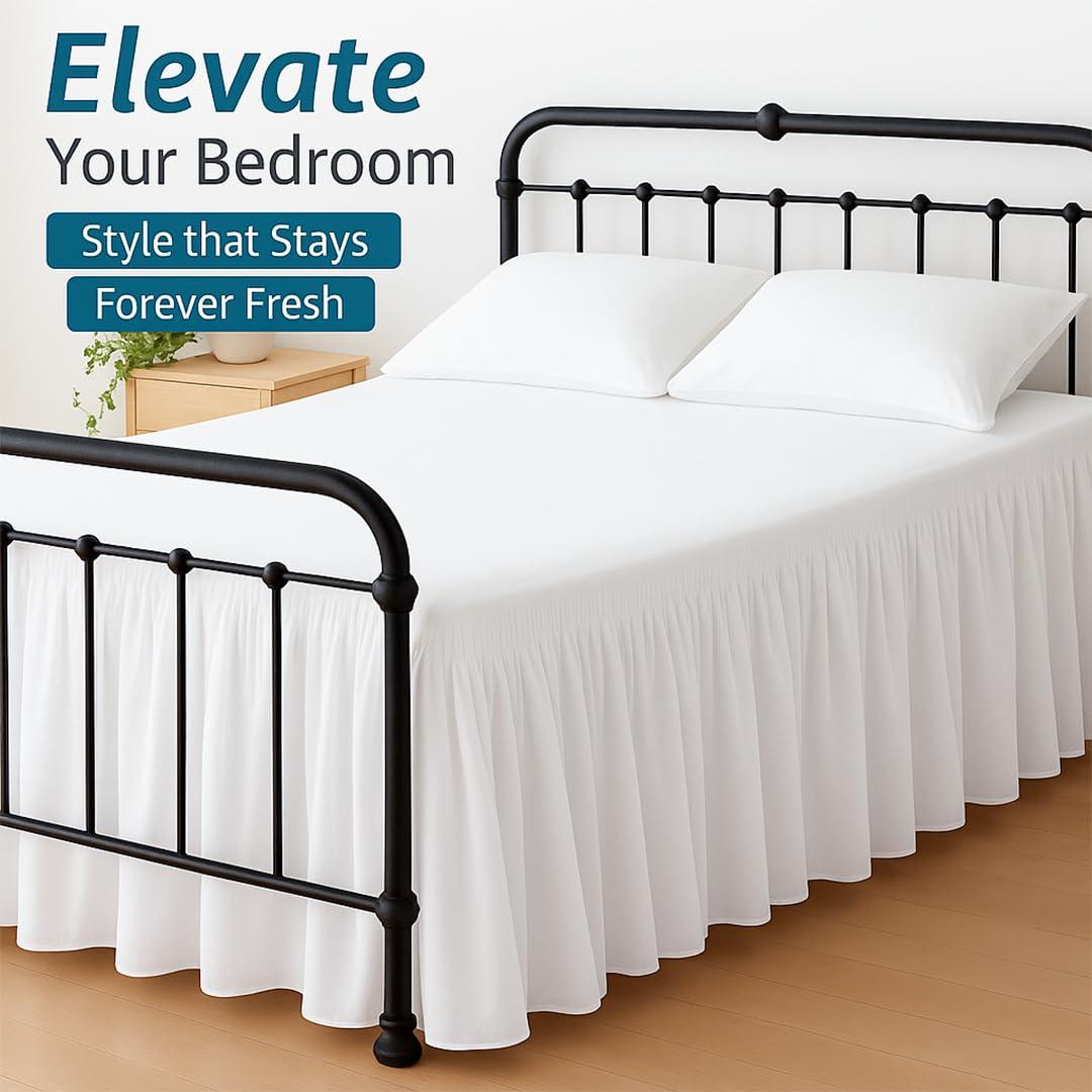Shreem Linen Ruffled Bed Skirt with Split Corners, Gathered Style, 100% Microfiber-12 Drop, Dust Ruffle Bed Skirts Short Queen, White