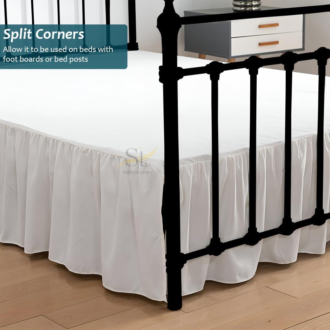 Shreem Linen Ruffled Bed Skirt with Split Corners, Gathered Style, 100% Microfiber-12 Drop, Dust Ruffle Bed Skirts Short Queen, White