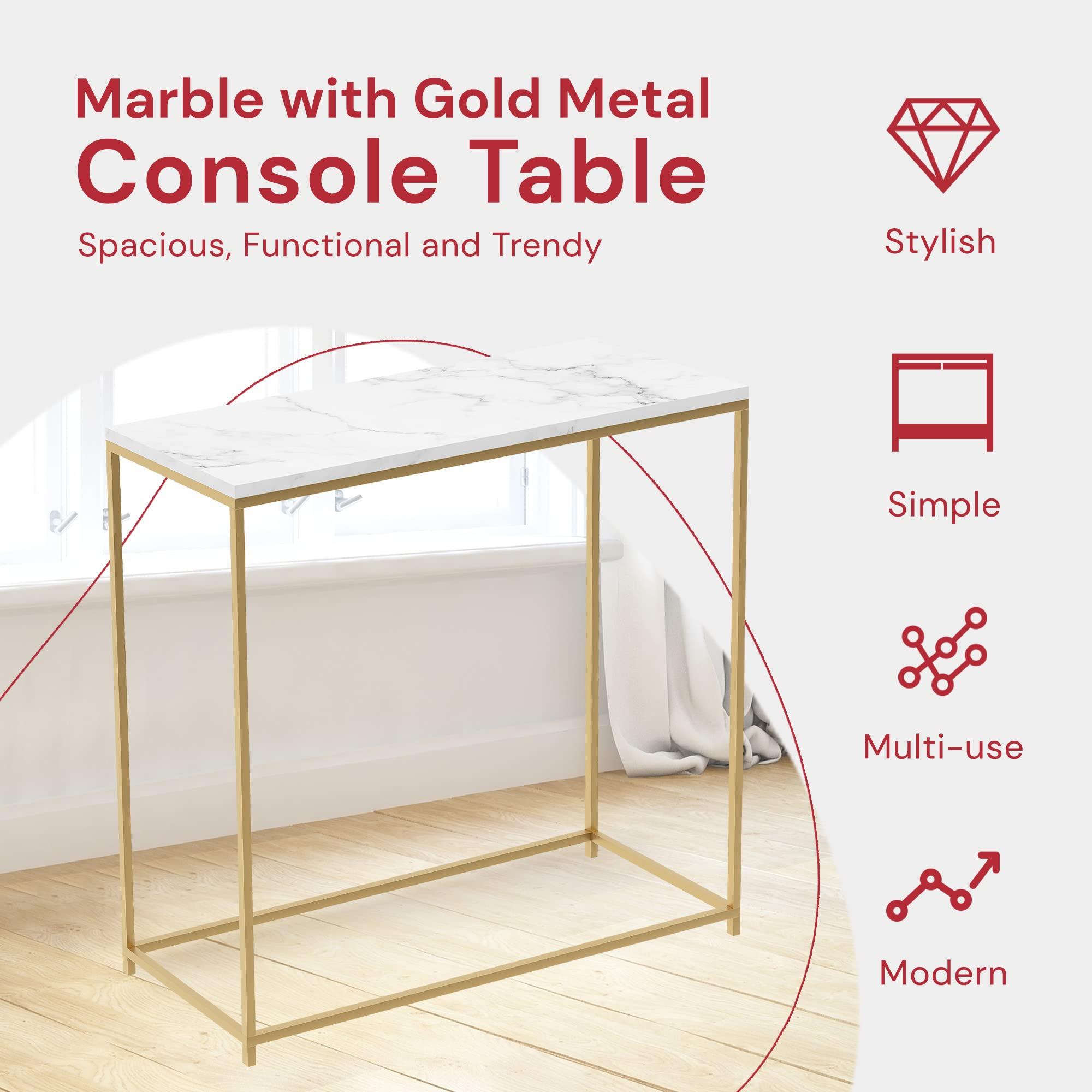 Safdie Safdie & Co. - Marble White Console Tables for Entryway, Gold Metal Console Table, Use As Doorway Table, Narrow Bar Table, or Accent Furniture for Decorating Foyer, 31 x 12 x 28 inches