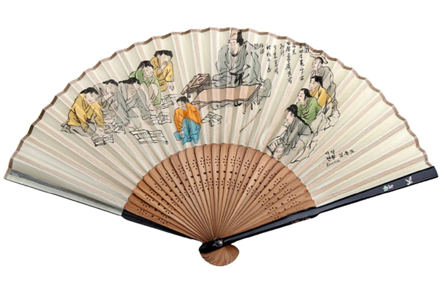 Generic OJukSeon Kim Hong-do\'s Genre Painting \'Village School\' Korean Traditional Fan.Made of Traditional Korean Paper