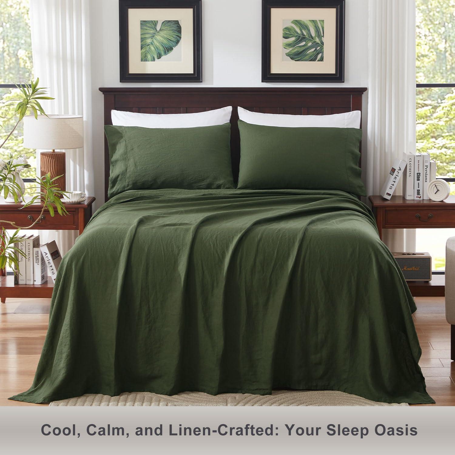 TOSMO TOSMO Pure Linen Sheets Set, 100% French Natural Linen Flax Bedding 4pc Set (Queen, 1 Flat Sheet, 1 Fitted Sheet, 2 Pillowcases) - Forest Green