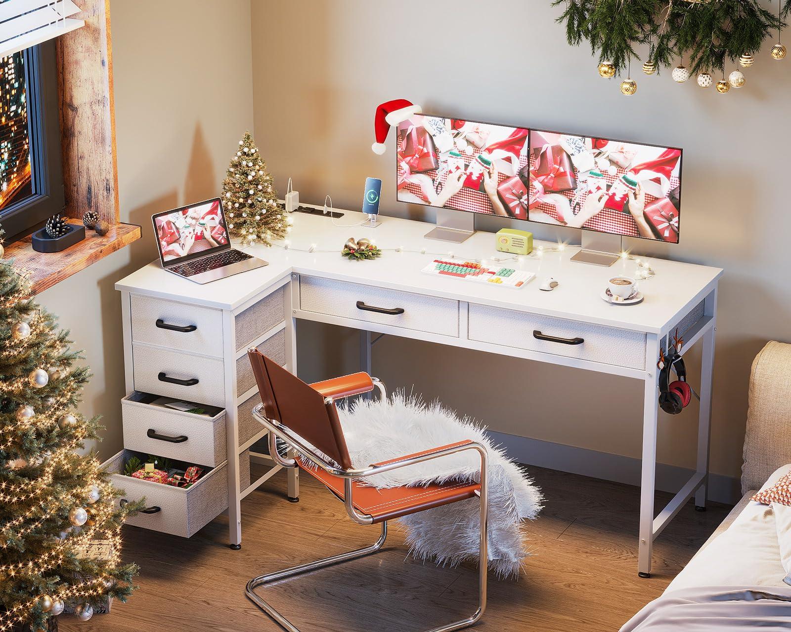 Coleshome Coleshome 50 Inch L Shaped Desk with Drawers, Computer Desk with Power Outlets, Home Office Desk with 6 Drawers, Reversible Corner Desk for Small Space, Study Work Table with Hook, White