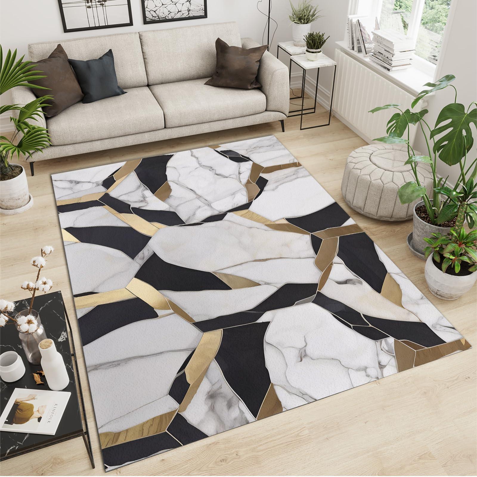 GIRTFU 7x10 Large Area Rugs Black and Gold Geometry Area Rugs for Living Room, Modern Marble Modern Rug with Double Sided Carpet Tape for Bedroom Men Room Decor