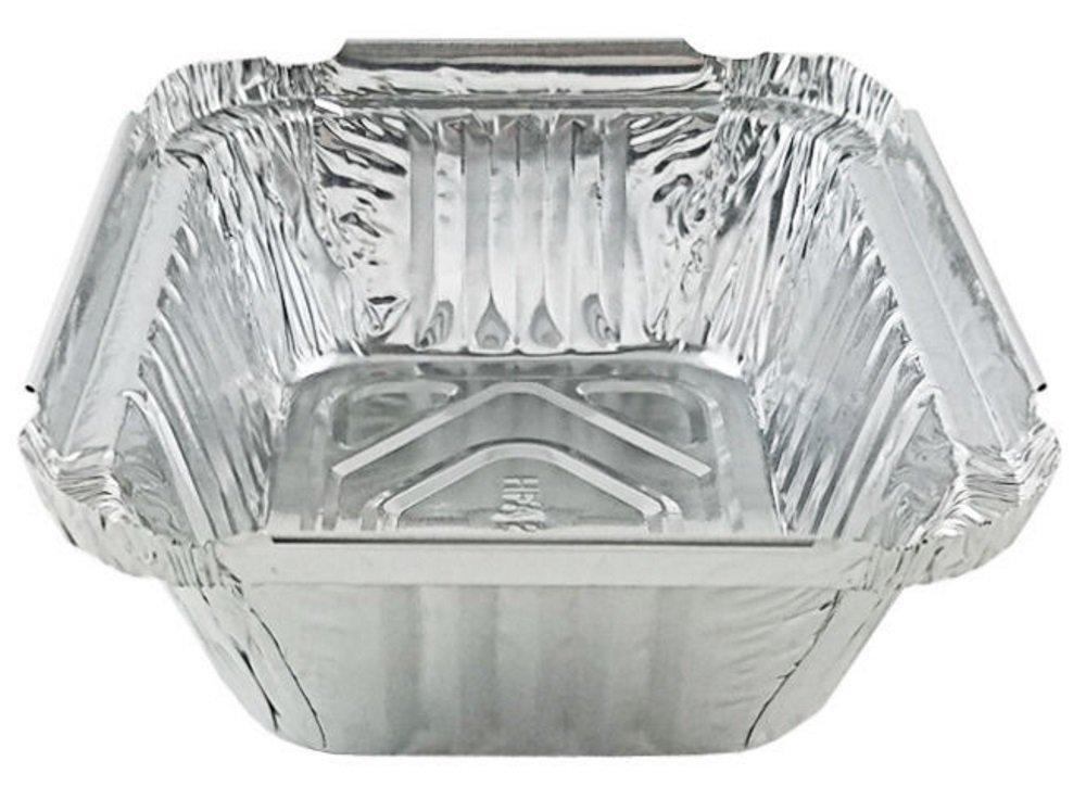 PACTOGO PACTOGO 1 lb. Oblong Deep Aluminum Foil Take-Out Pan with Board Lid Disposable Containers 5.56\" x 4.56\" x 1.62\" (Pack of 50 Sets)