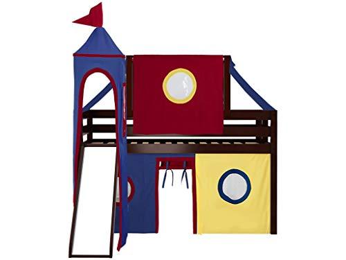 JACKPOT! JACKPOT! Castle Low Loft Bed with Slide, Red Yellow and Blue Tent and Tower, Twin, Cherry