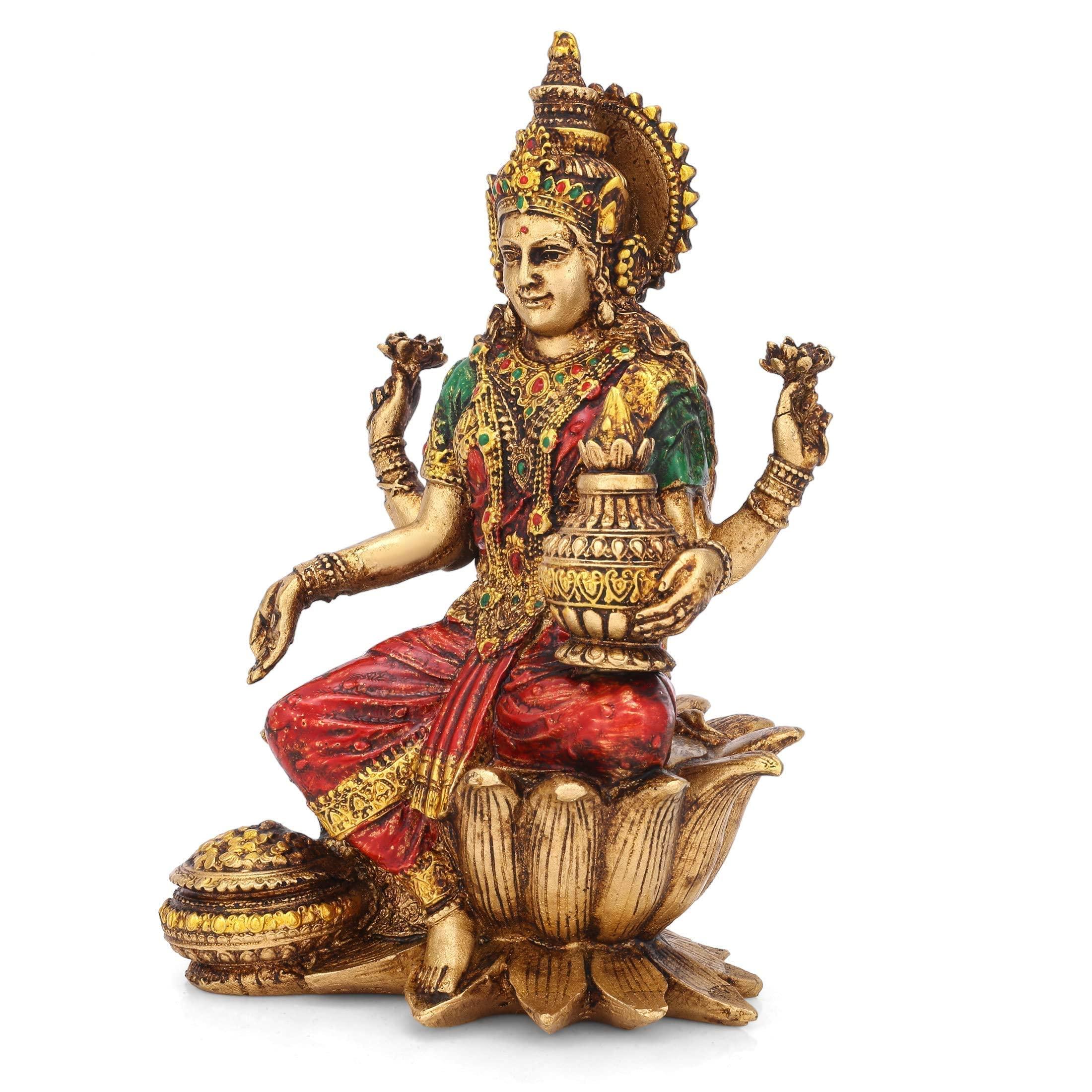PSQURMART PSQURMART Resin Laxmi ji Blessing Sitting on Lotus with Kalash & Antique Resin Statue for Temple Puja Home Decor Murti Office Gift Item Showpiece Hight-7 Inches