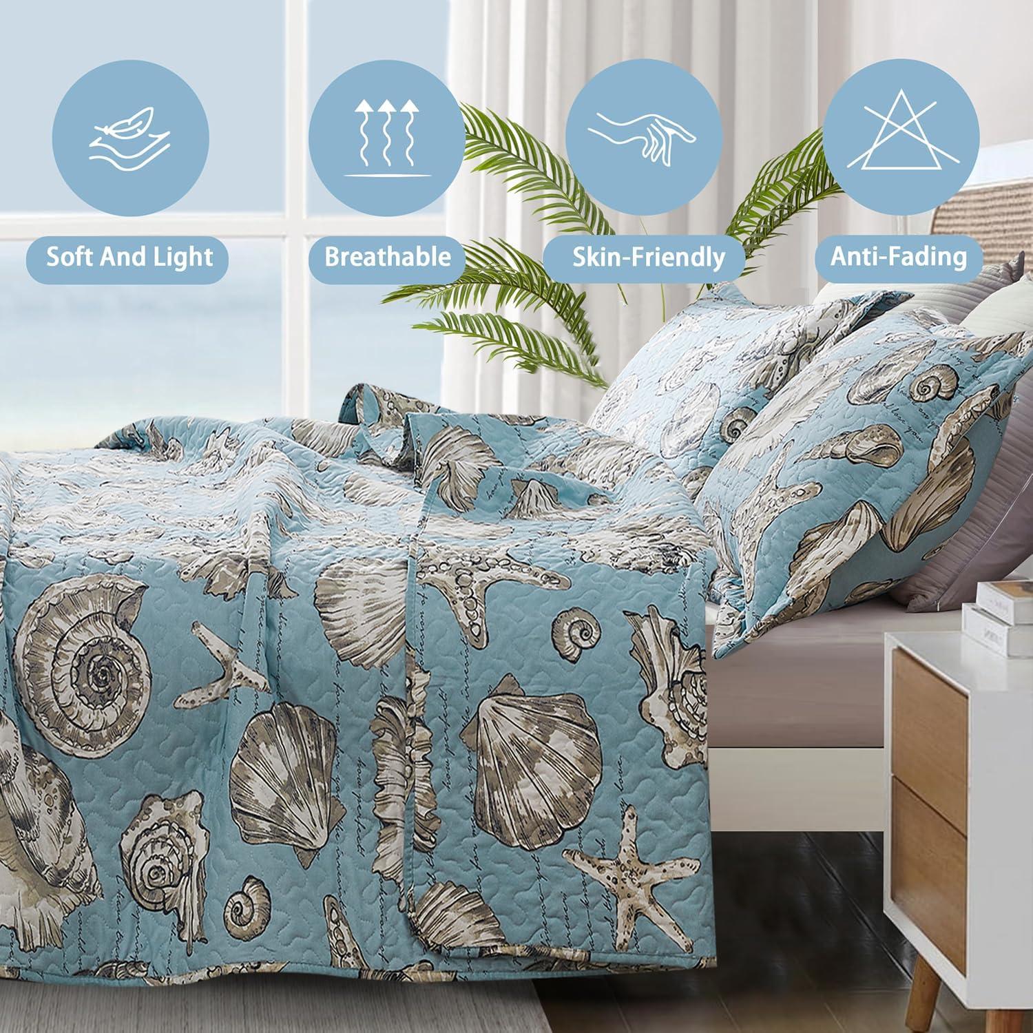 Ycosy Coastal Quilt Set Full/Queen Size Ocean Themed Bedding Summer Beach Quilts Set Lightweight Reversible Bedspread Coverlets Seashell Starfish Seaweed Bed Spread Soft Home Bed Cover with 2 Pillow Shams