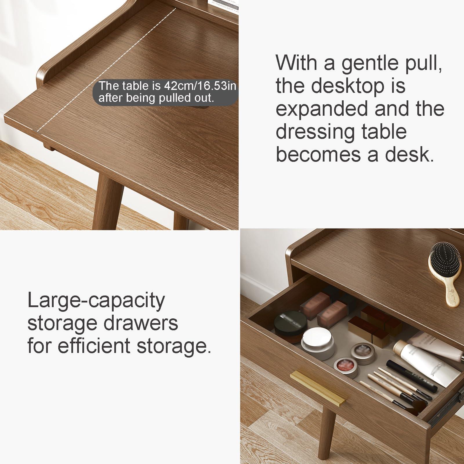 LEYANSHANGMAO Generic Nordic-Style Dressing Table with Flip Top Mirror and Stool for Small Bedrooms - Modern, Minimalist, and Luxurious Makeup Vanity (Wood Color, M-80cm/31.50in)