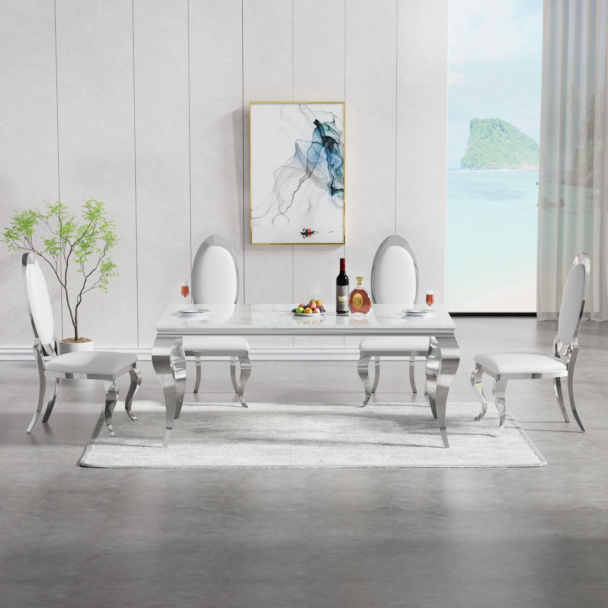 HomVent HomVent Silver Faux Marble Dining Table Set for 4, Modern Large Marble Kitchen Table Set and 4 Leatherette Dining Chair with Silver Finish Stainless Steel Legs for Kitchen Living Room