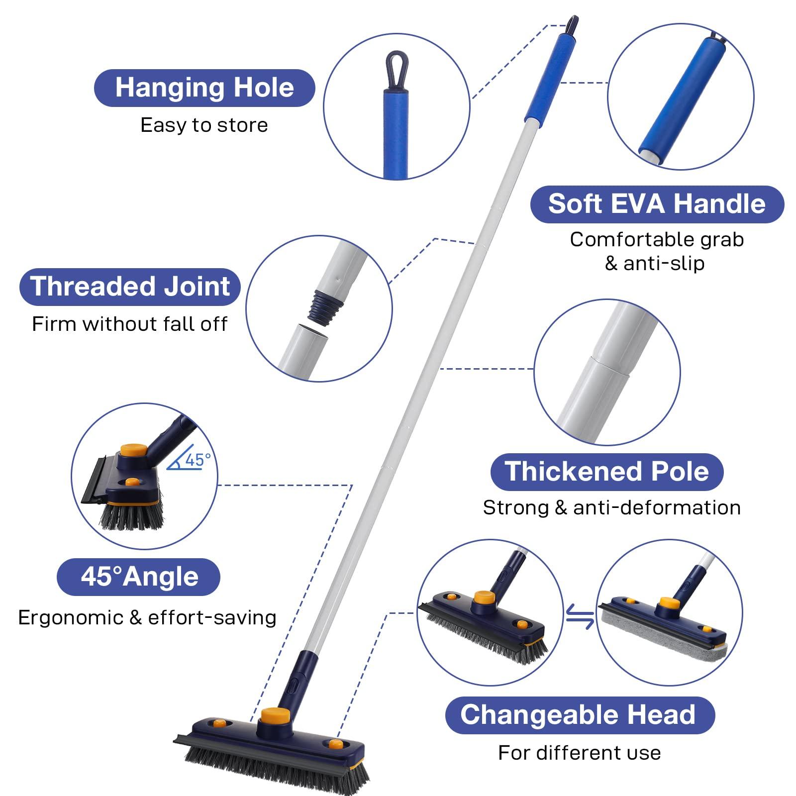 Bestnifly Floor Scrubber 3 in 1, Floor Scrub Brush with Long Handle and Squeegee, Bestnifly Stiff Bristle Shower Scrubber, Extendable Shower Cleaning Brush for Bathroom, Tile, Glass, Wall, Deck, Bathtub, Grout