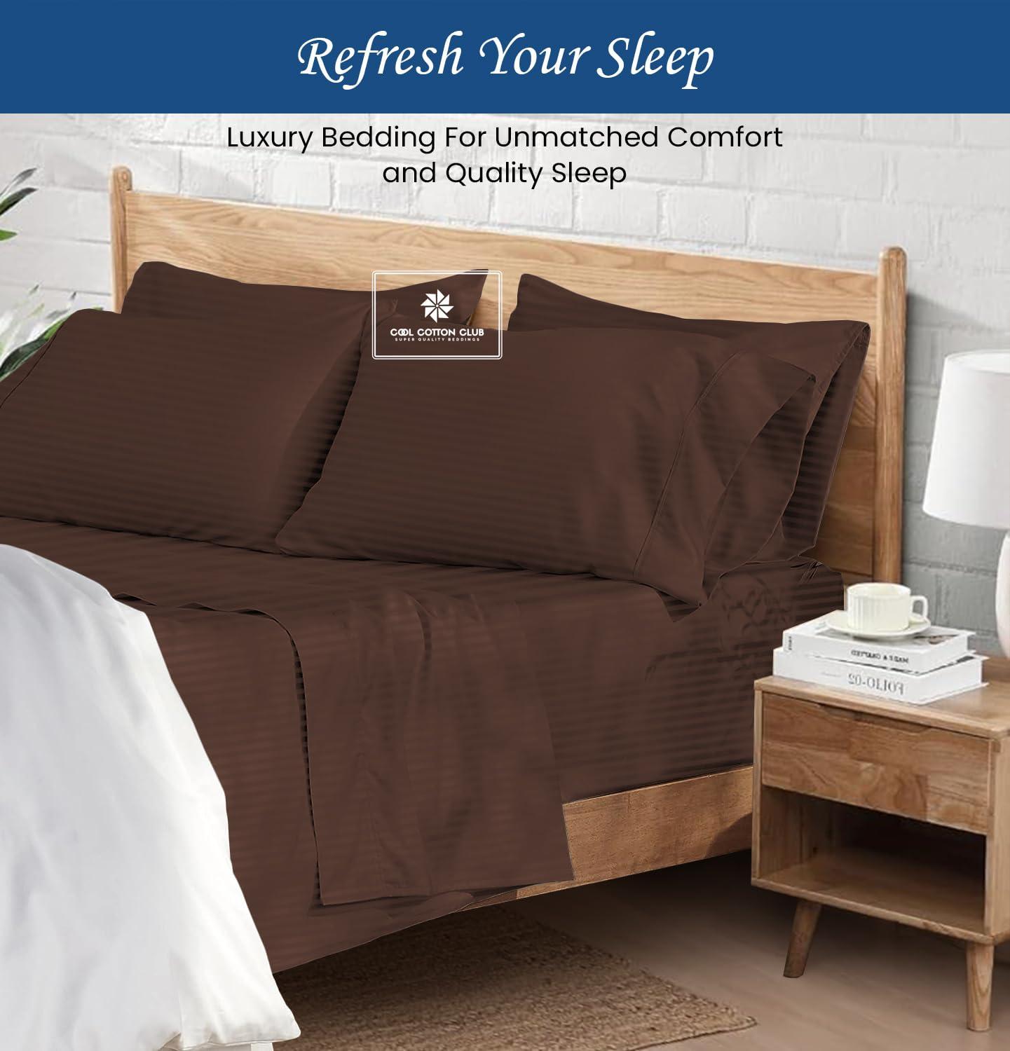 Cool Cotton Club Queen Size 4-PCs Bed Sheets Set 600-TC Peruvian Pima Cotton Luxury Bedding Sheets with Fitted Sheet, Flat Sheet & 2 Pillow Cases - fits up to 22-24\" Deep Pocket (Stripe, Chocolate)