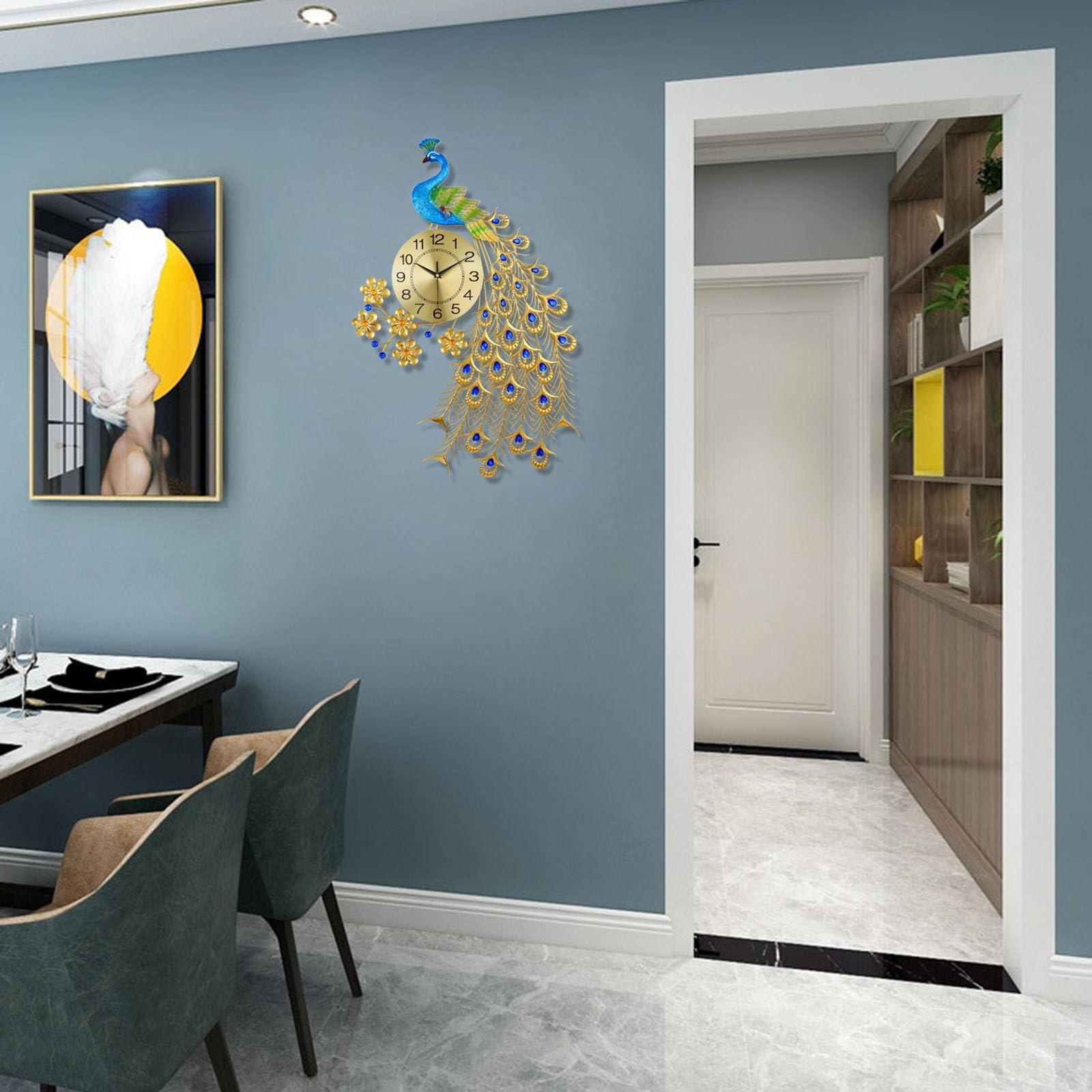 EURSON EURSON Large Peacock Wall Clock 31.5 inch Metal Design Non-Ticking Silent Art Digital Wall Clocks for Living Room Decor Gold