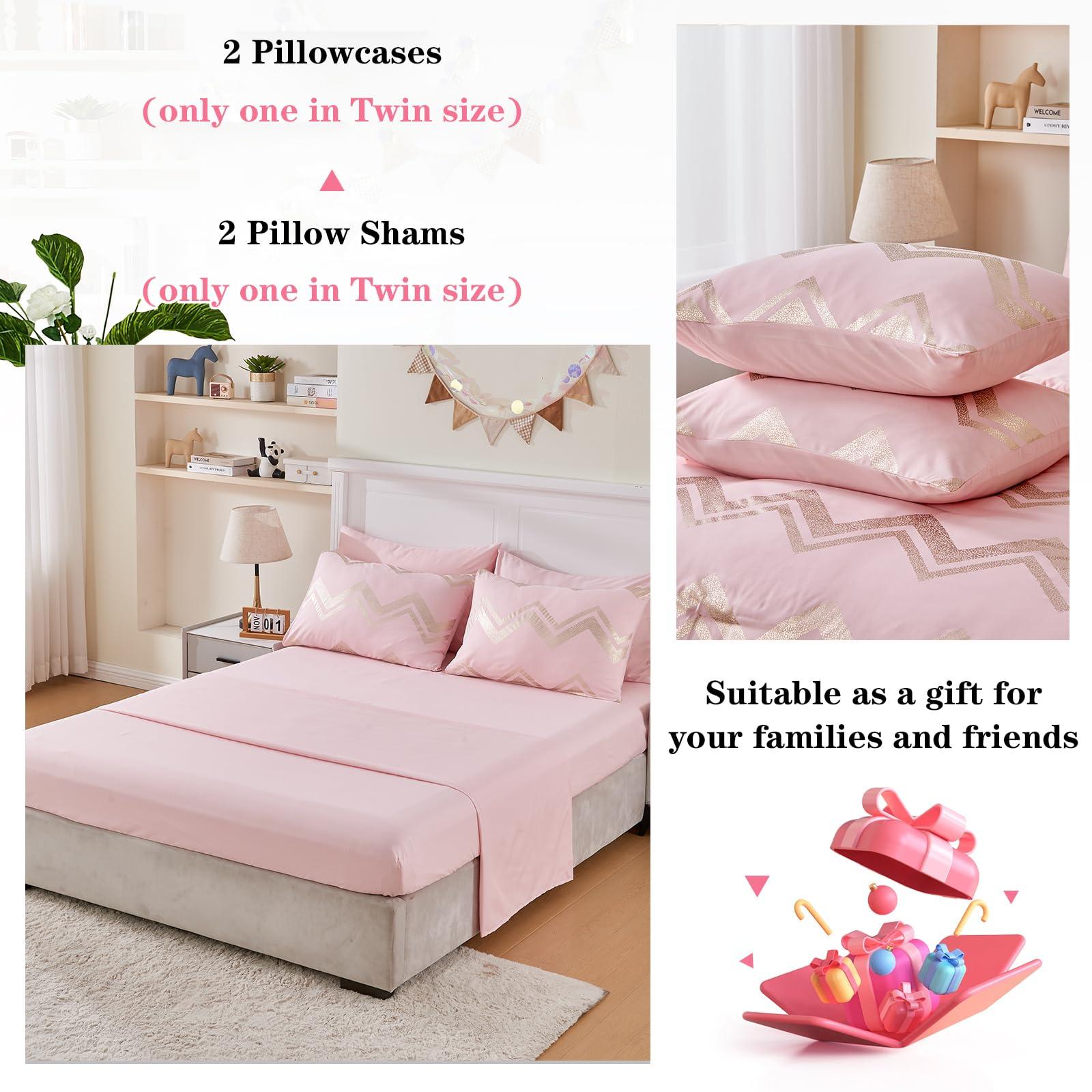 Wowelife Wowelife 6 Pieces Pink Twin/Twin XL Comforter Set for Girls Kids Twin Bedding Sets Gold Glitter Foil Bed in A Bag with Comforter, Flat Sheet, Fitted Sheet, 2 Pillow Shams and 1 Pillowcase