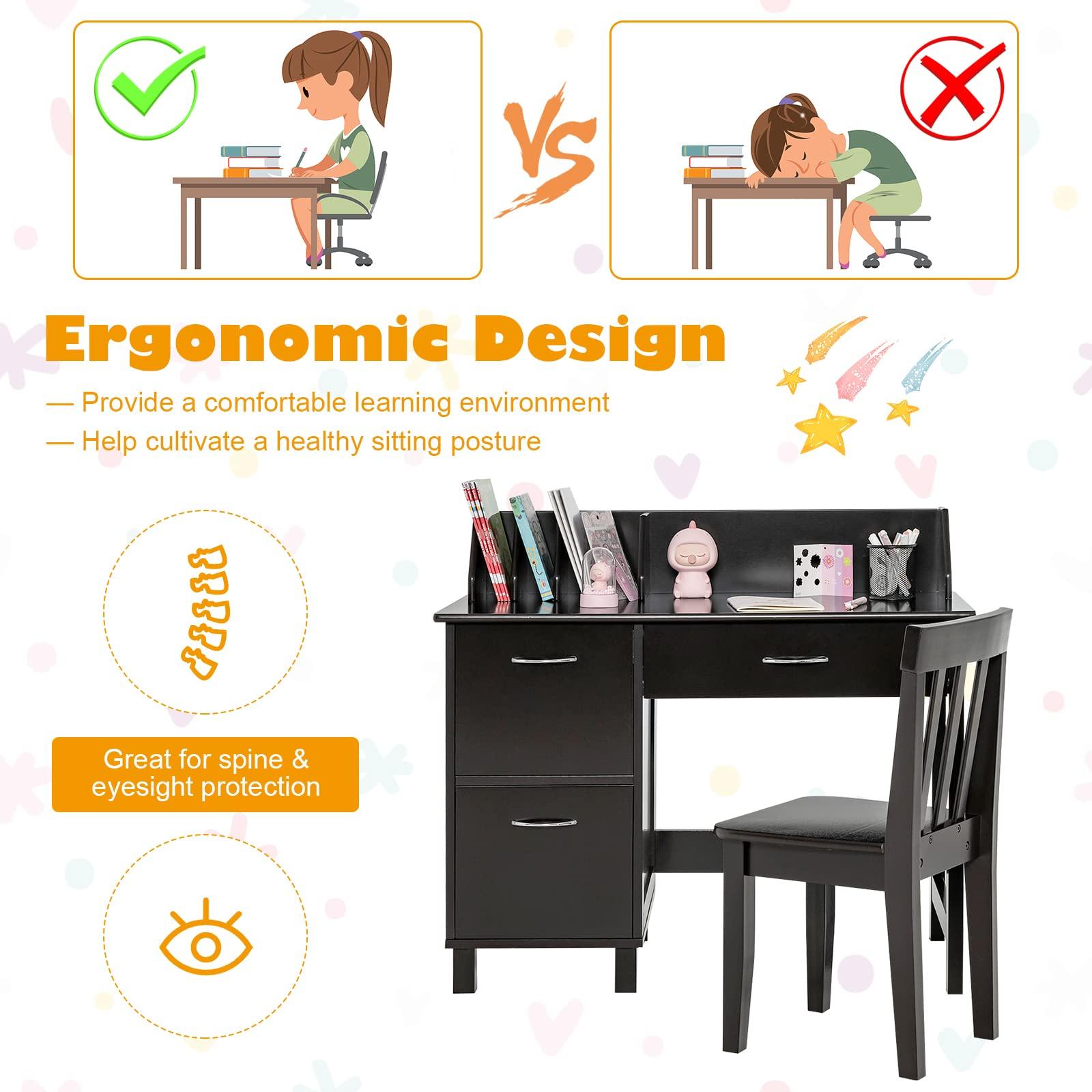Costzon Costzon Kids Desk and Chair Set, Wooden Children School Desk with Hutch, Storage Drawer, Cabinets, Student Writing Desk for 3-8 Years Old, Kids Study Desk for Bedroom, Study Room (Dark Brown)