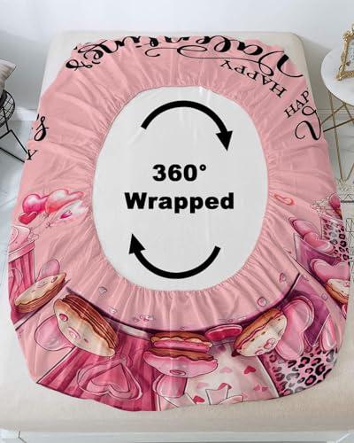 ZFUNCING Valentine\'s Day Fitted Sheet Twin XL Size,Dessert Macaron Cake Drinks Bottom Sheets Bedding Set 2pcs for Girls Women Room Decor,Romantic Pink Deep Pocket Bed Sheet&Pillowcases