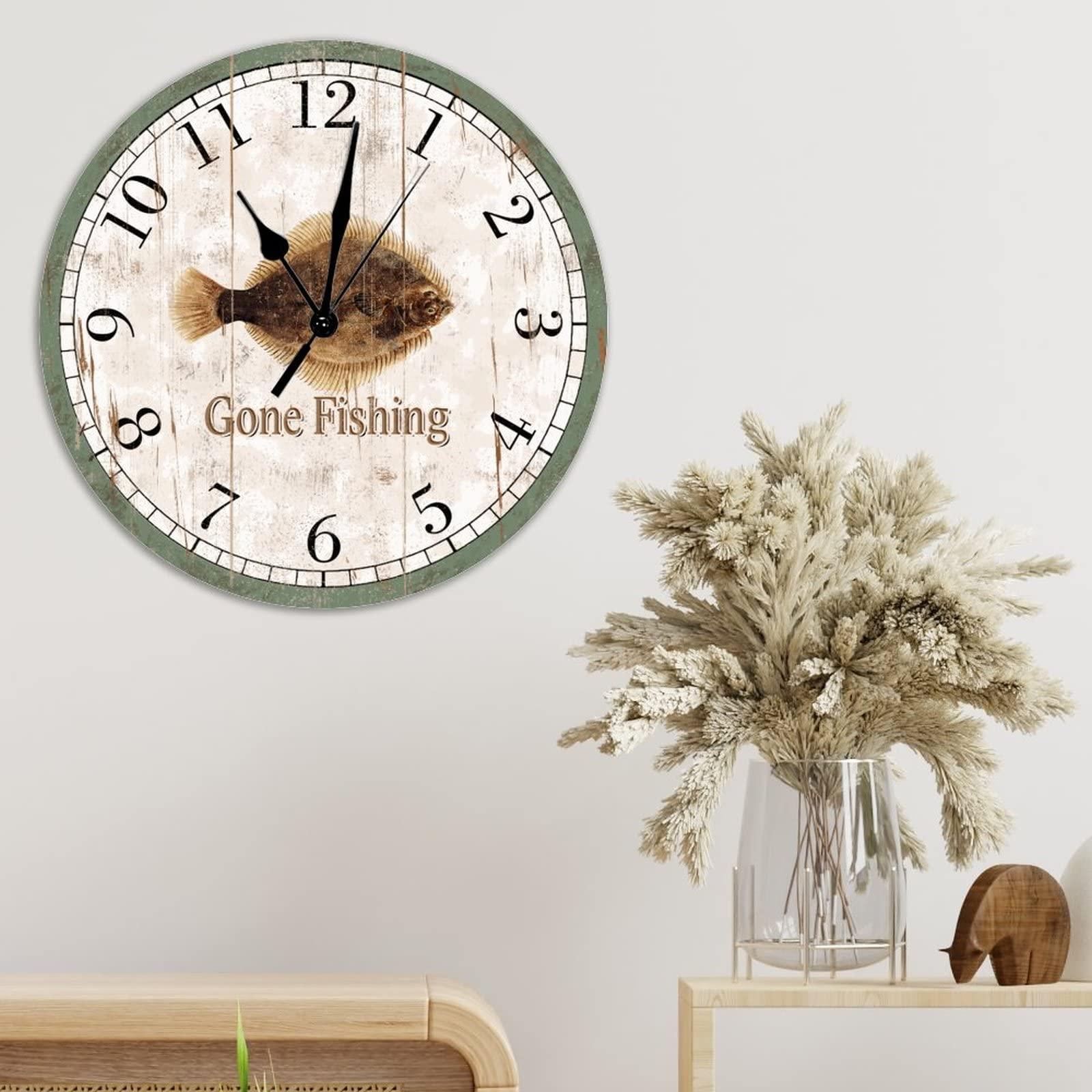 ArogGeld Go Fishing Wood Wall Clock Greenback Flounder Beach Decor Ocean Coastal Wall Clocks Quartz Battery Operated 12Inch Clock Rustic Farmhouse for Kitchen Bedroom Office Birthday Housewarming Gift