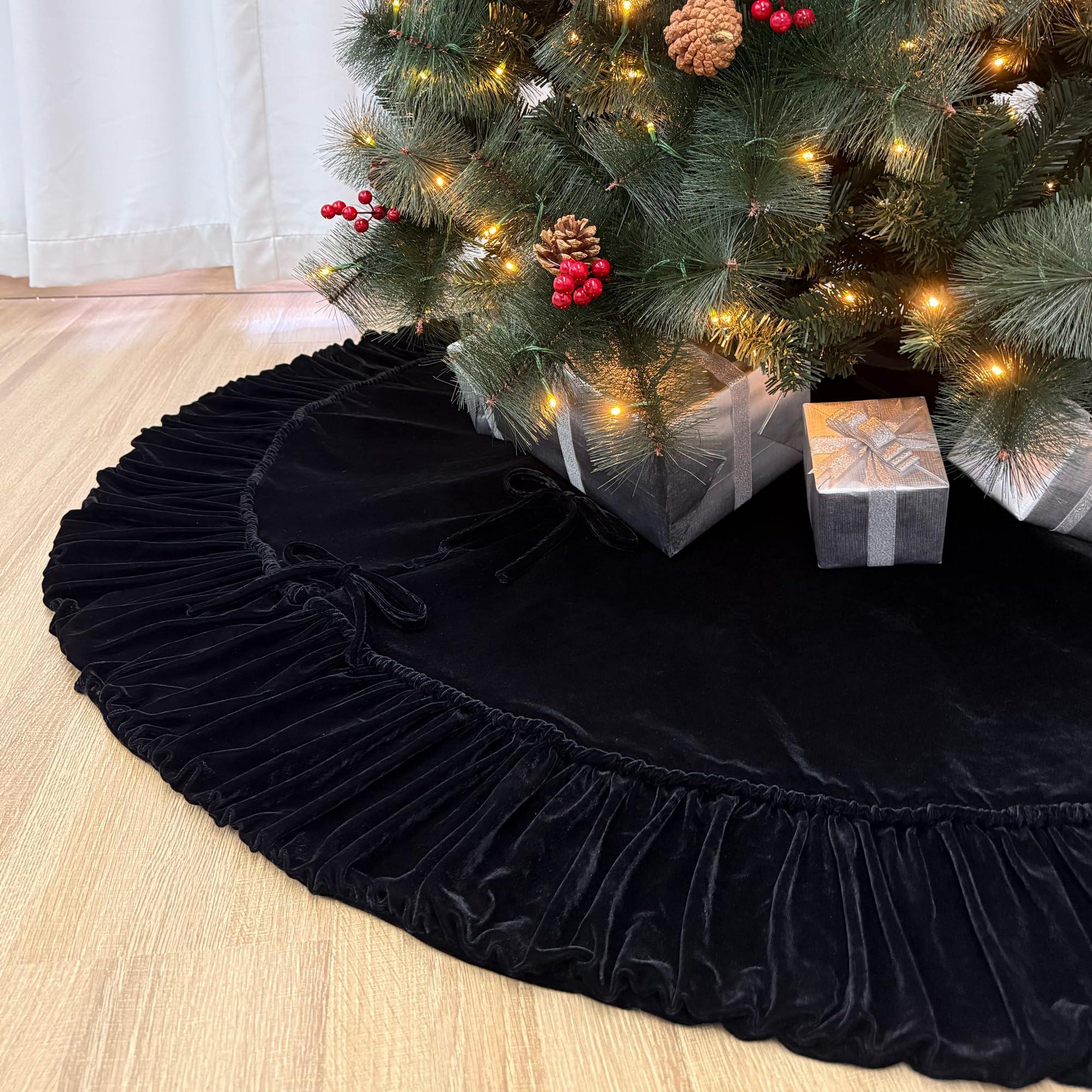 Starry Dynamo 84-Inch Ruffled Velvet Christmas Tree Skirt, Thick Foam-Lined Heavy Duty Fabric with Plush Lace Ties, Black