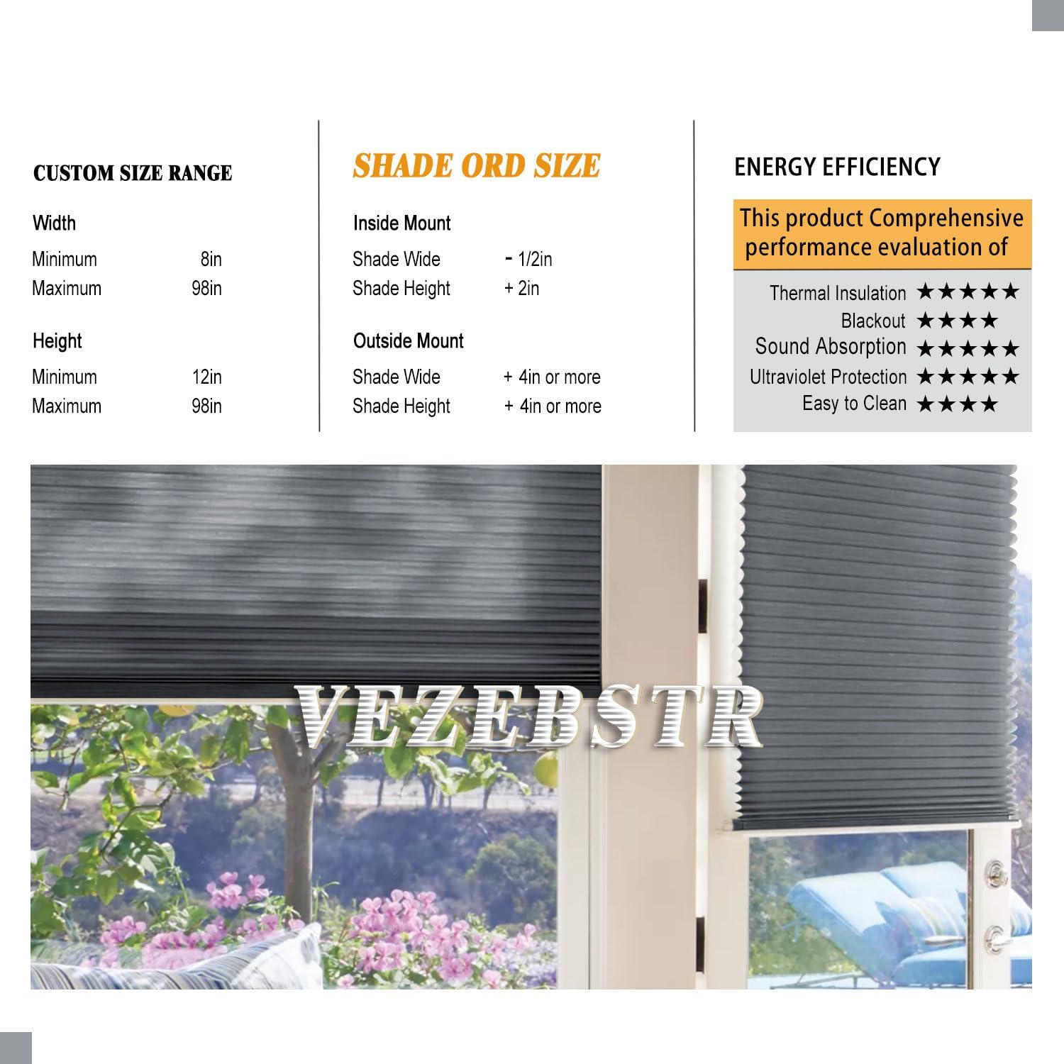 VEZEBSTR VEZEBSTR Cellular Shades for Windows Honeycomb Blinds Thermal Window Honeycomb Shades for Indoor Windows Light Filting Cellular Blinds for Windows. Grey,67" W x(12" H to 98" H Customizeize)