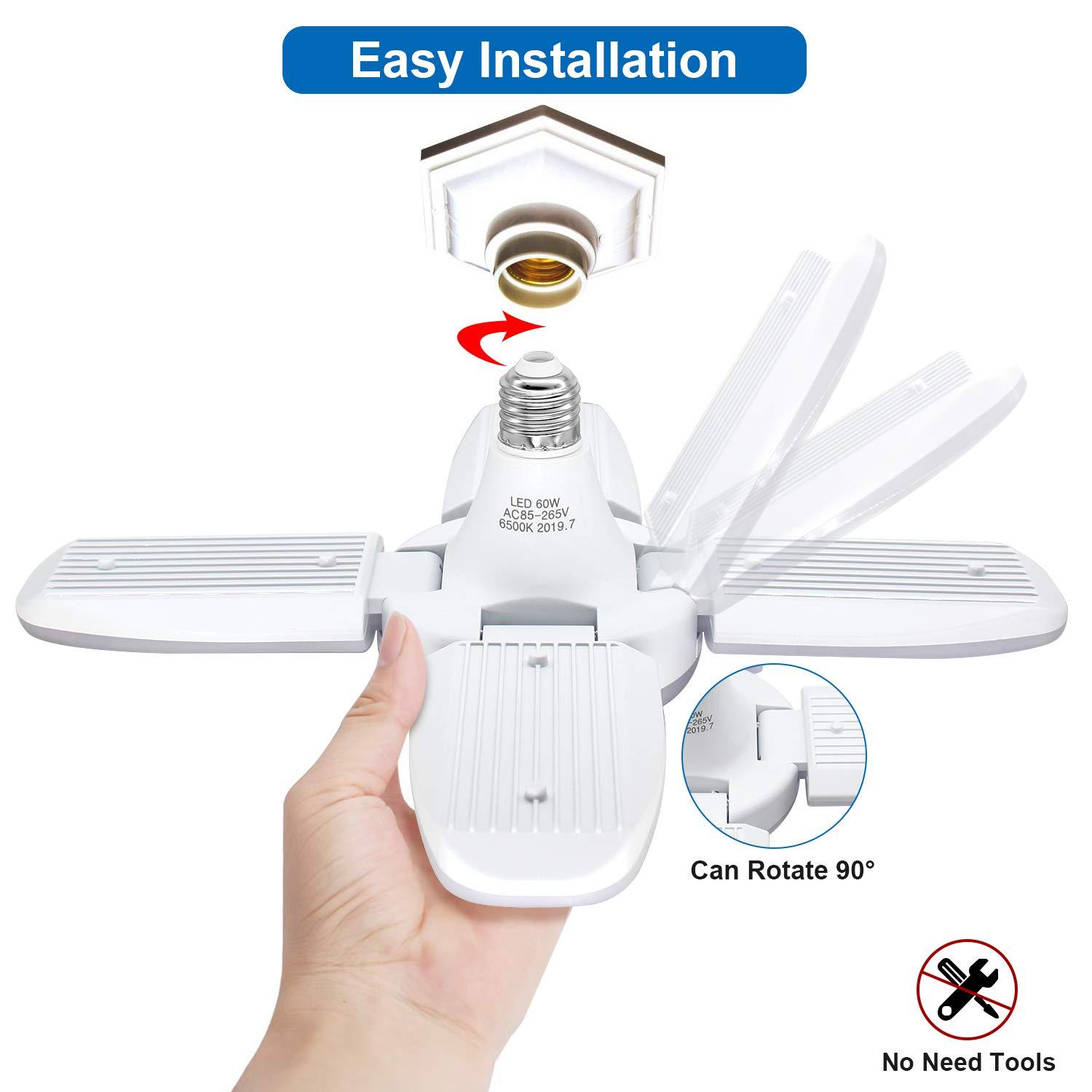 Exulight LED Garage Lights,Exulight 60W Led Garage Ceiling Light 6000LM Daylight,Deformable Light Bulbs 60 Watt Work Light,E26/E27 Shop Lights for Garage Barn Warehouse Workshop Lighting