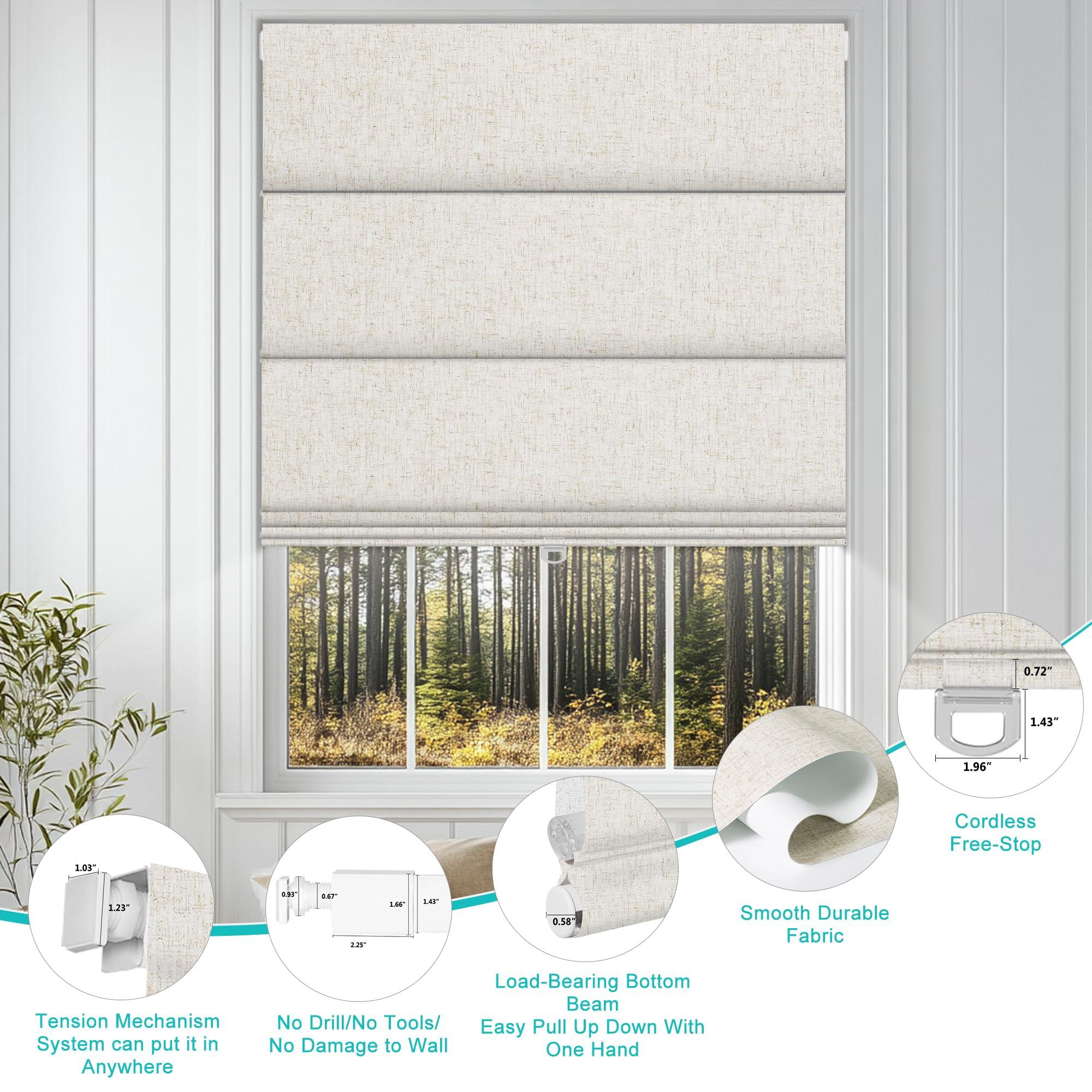 BERISSA BERISSA No Drill Cordless Roman Shades for Window, Blackout Roman Blinds Room Darkening Roll up Blinds Easy Install Linen Roman Window Shades for Inside Mount,34" W x 90" H,Linen Beige
