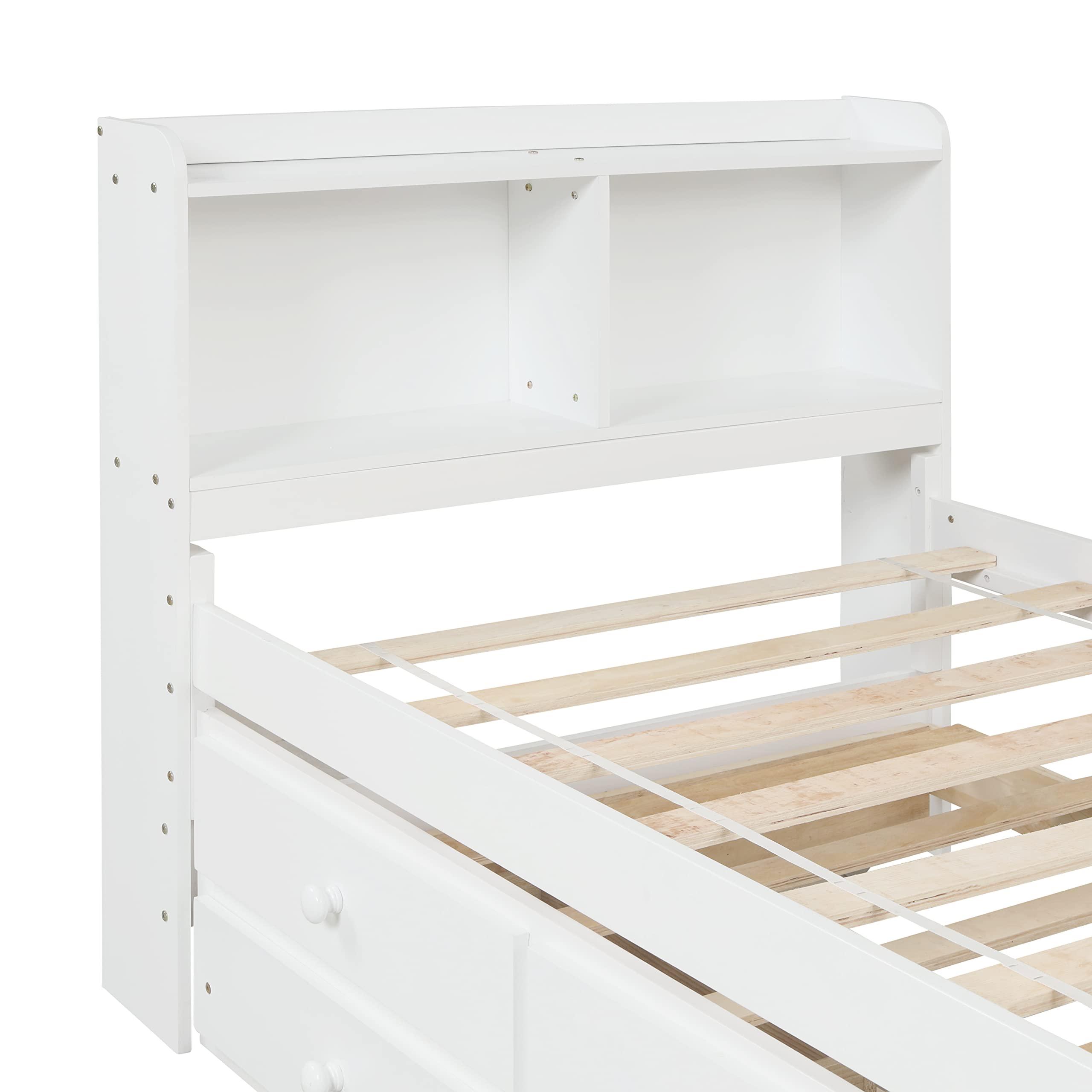 SOFTSEA SOFTSEA Twin Captains Bed with Trundle and Drawers, Twin Size Platform Bed with Bookcase Headboard, Wood Twin Storage Bed for Kids Teens Adults, White