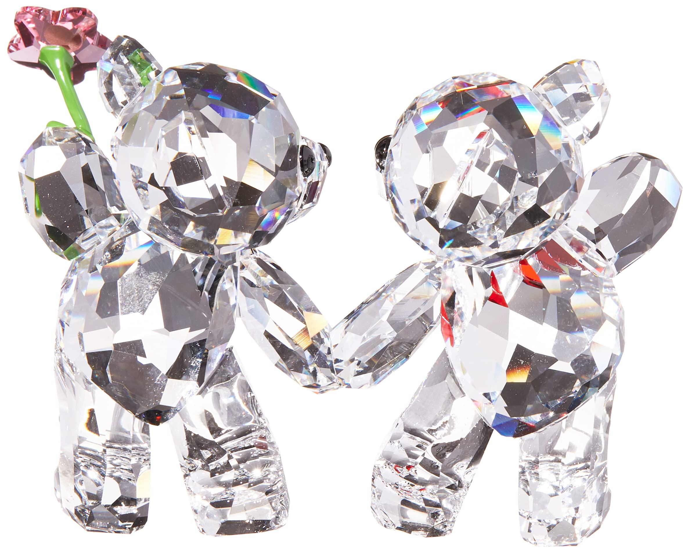 Swarovski SWAROVSKI Kris Bears Happy Together Figurine Set, Clear Swarovski Crystal with a Red Heart and Pink Flower Accent, Part of the Swarovski Kris Bears Collection