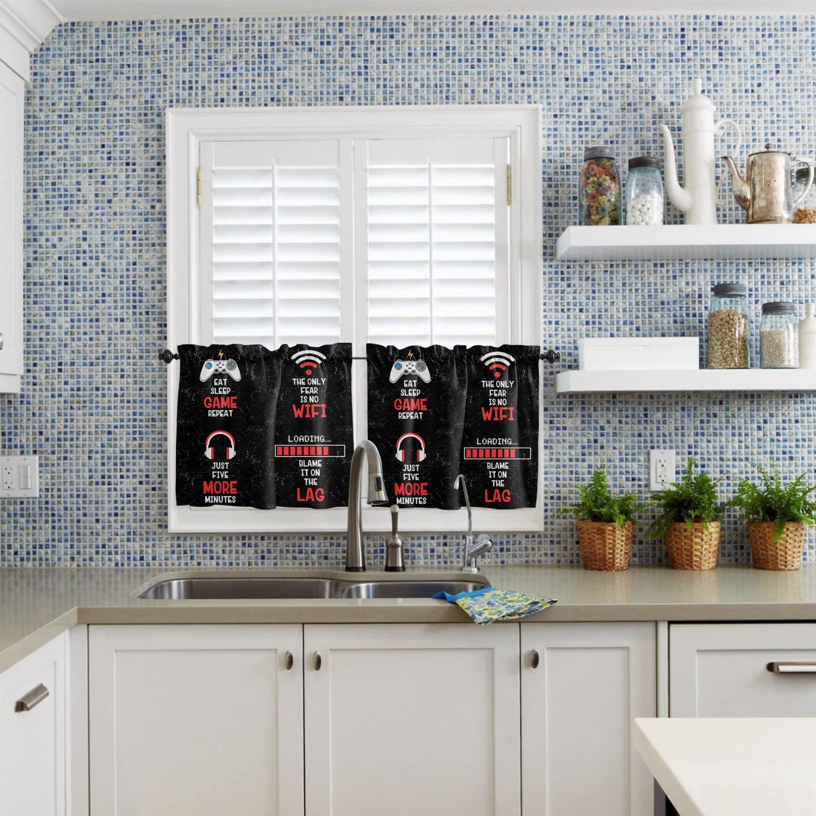 Jolunifun Kitchen Curtain 24 Inch Length,Video Game Art Funny Quotes Small Short Cafe Tiers Curtains Drape,2 Panels Pocket Curtains Window Treatment Games Gamer Gamepad Earphone Waiting to Load Black 55x24