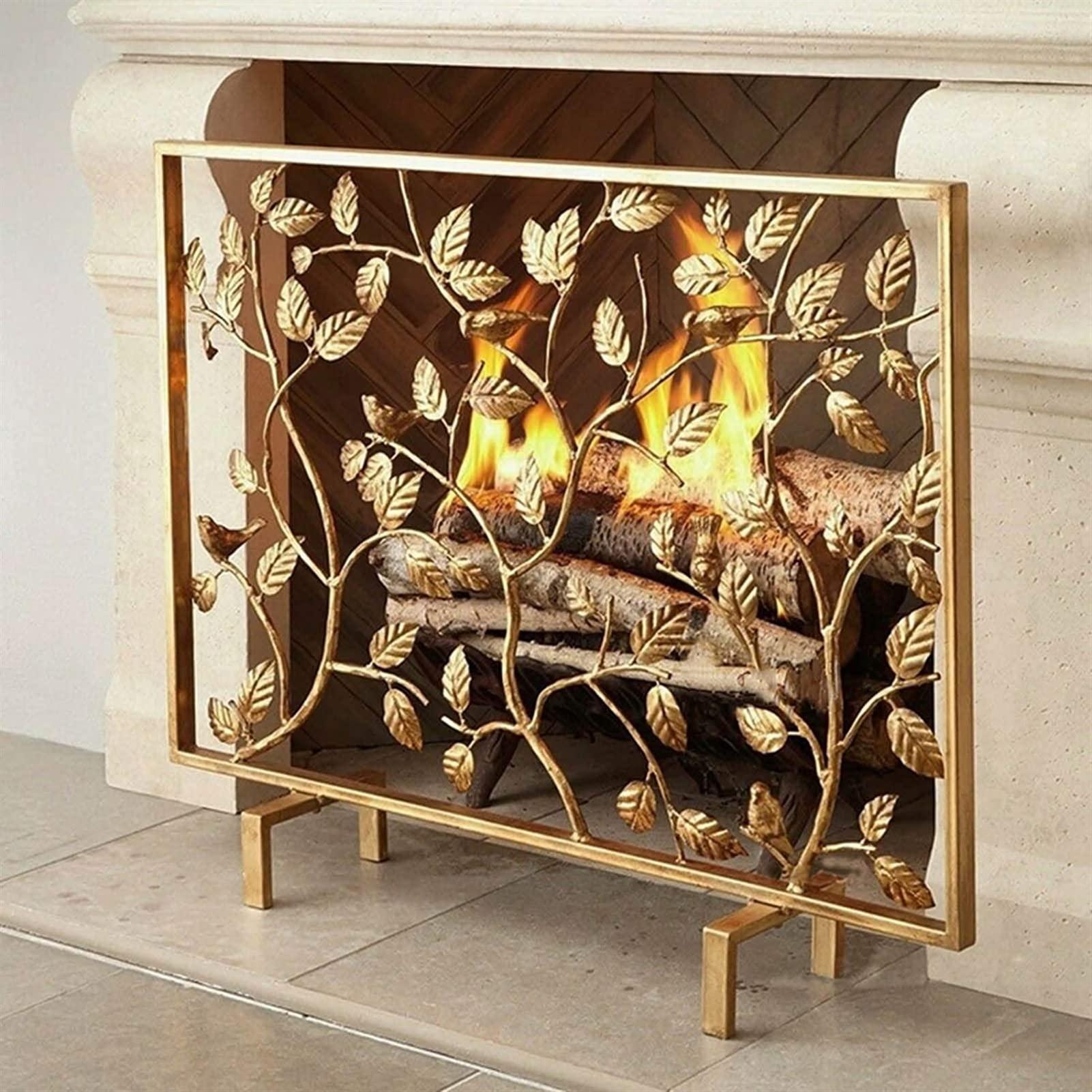 EliteBloom EliteBloom Screen Fire Guard Stove Fire Screen Fireplace Screen Metal Decorative Mesh Free Standing W40xH31.5in Leaf Pattern Design Gold Fire Place Panels,Baby Safe Proof Fence Marria,