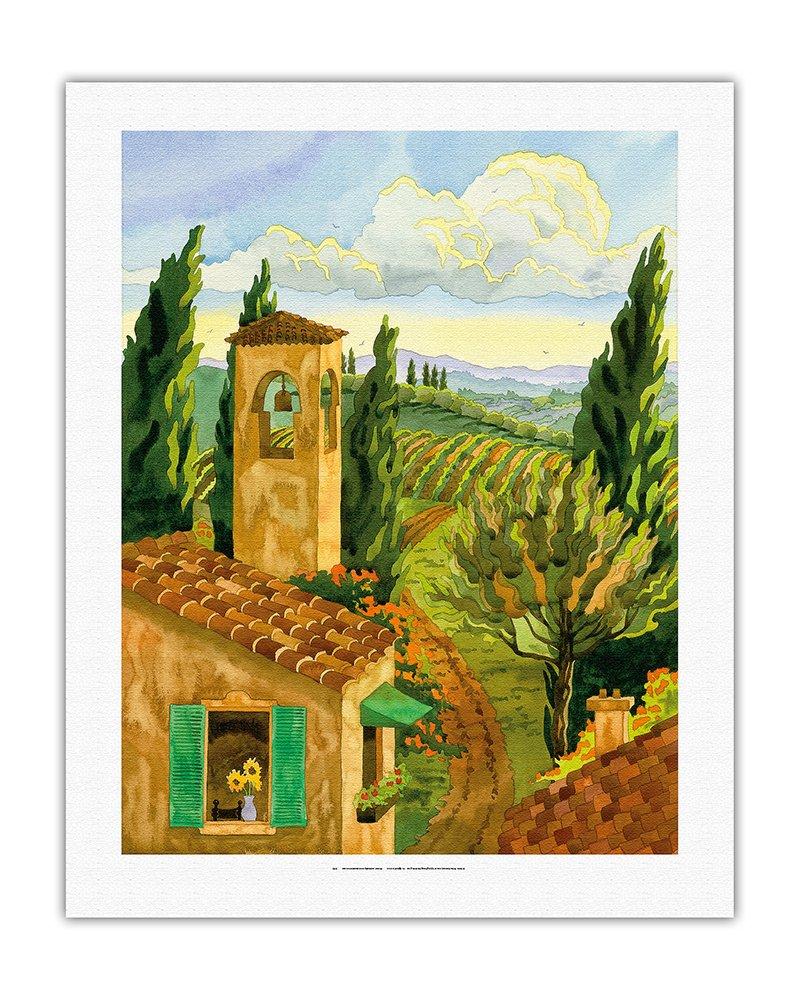 Pacifica Island Art Tuscan Afternoon - Tuscany Italy - Italian Villa Vineyards Cypress Trees - From an Original Watercolor Painting by Robin Wethe Altman - Fine Art Rolled Canvas Print 20in x 26in