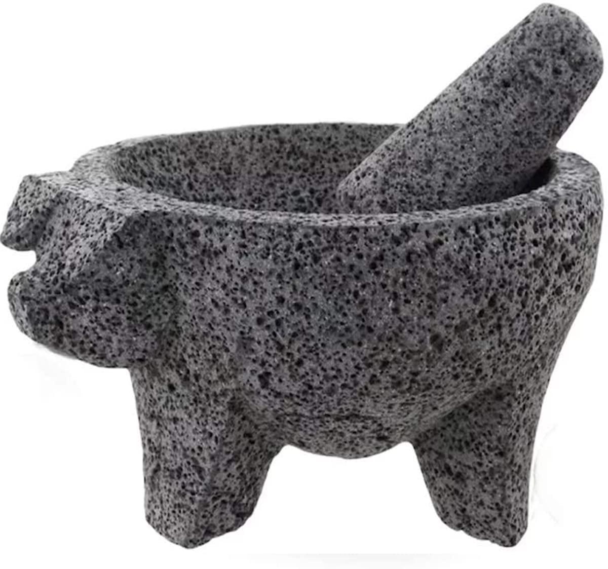 Lindo Brand Lindo Brand 8.6 inch Molcajete Mortar and Pestle with Pig Design, Mexican Handmade with Lava Stone Ideal as Herb Bowl, Spice Grinder, Volcanic Stone