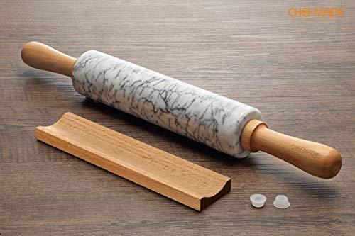 CHEFMADE CHEFMADE 18-Inch Marble Rolling Pin with Wooden Handles and Cradle, Non-Stick (Gray and White)