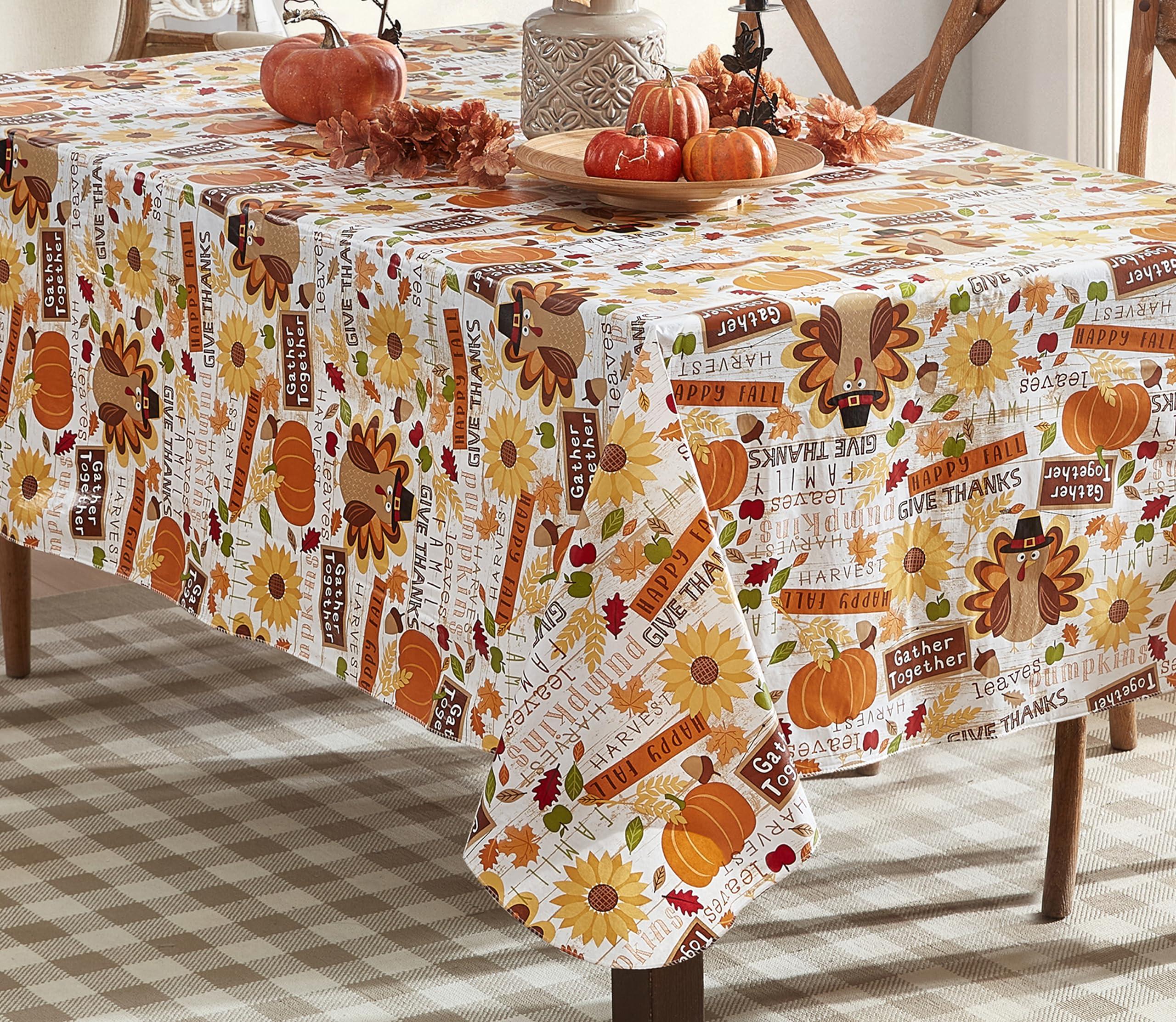Newbridge Newbridge Happy Thanksgiving Turkey Vinyl Flannel Backed Tablecloth, Whimsical Fall Harvest Kitchen Dining Room Easy Care Vinyl Tablecloth with Flannel Backing Tablecloth, 52 x 70 Oblong/Rectangle