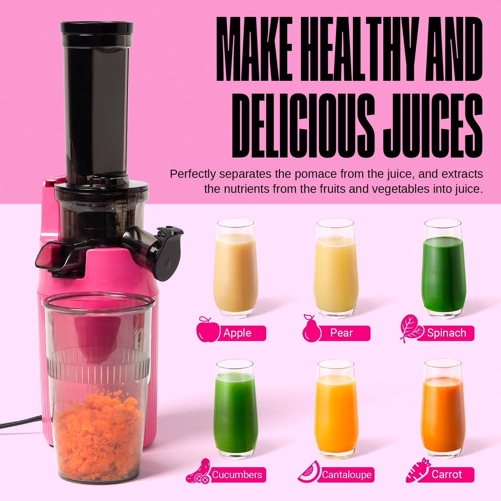 Ventray Ventray Ginnie Mini Cold Press Juicer, Small Slow Masticating Juicer for Vegetables Fruits, High Juice Yield, Easy to Clean, Space-Saving, Fit for Personal/Travel/Picnic/Office - Pink
