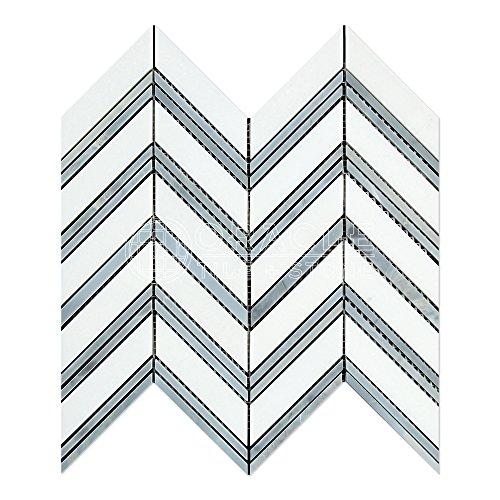 Oracle Tile & Stone Thassos White Greek Marble Chevron Large (Blue & Gray Strips) Mosaic Tile, Honed