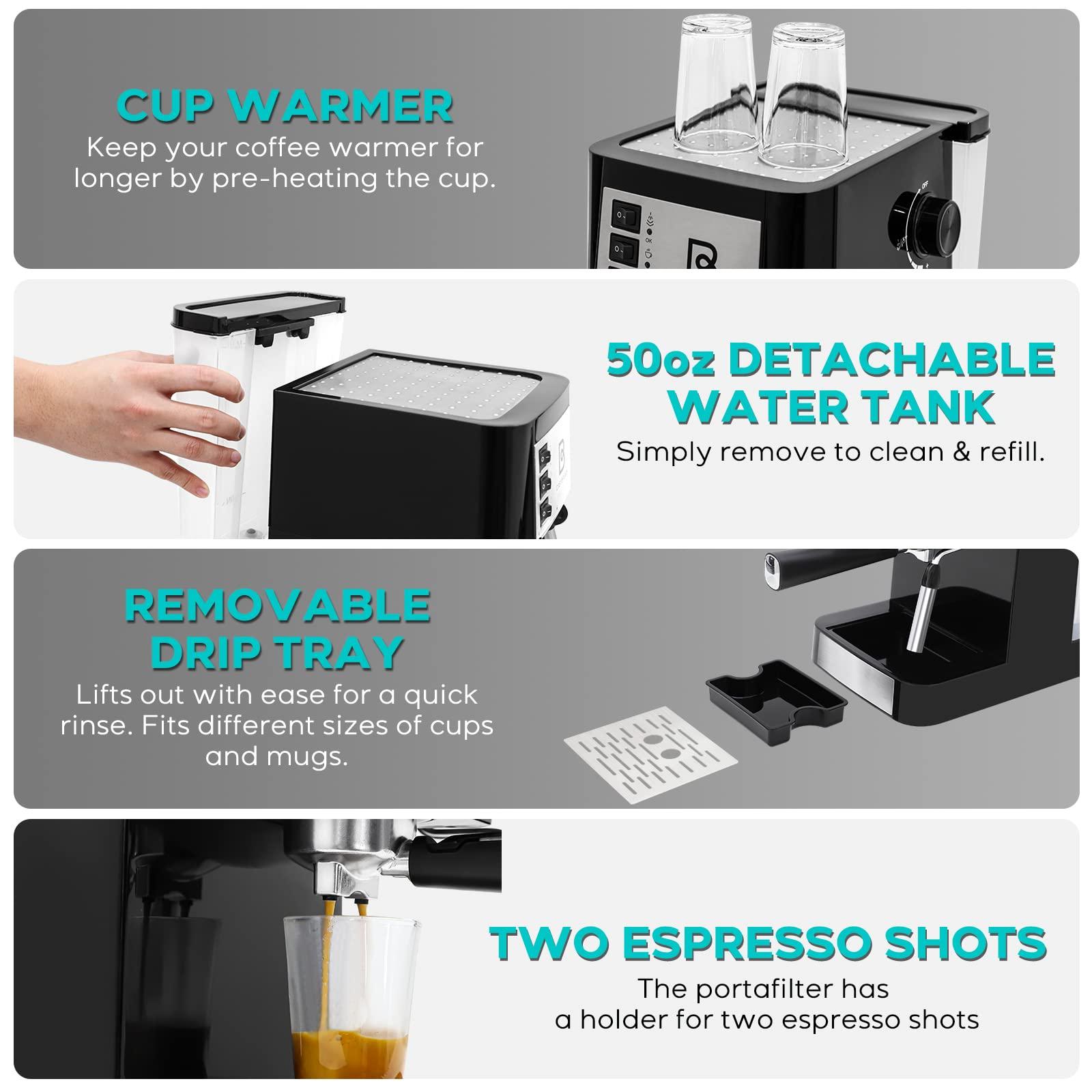 CASABREWS Casabrews Espresso Coffee Machine with Milk Frother Wand and Detachable Water Tank for Barista Use and Cafe Products, Black/Silver