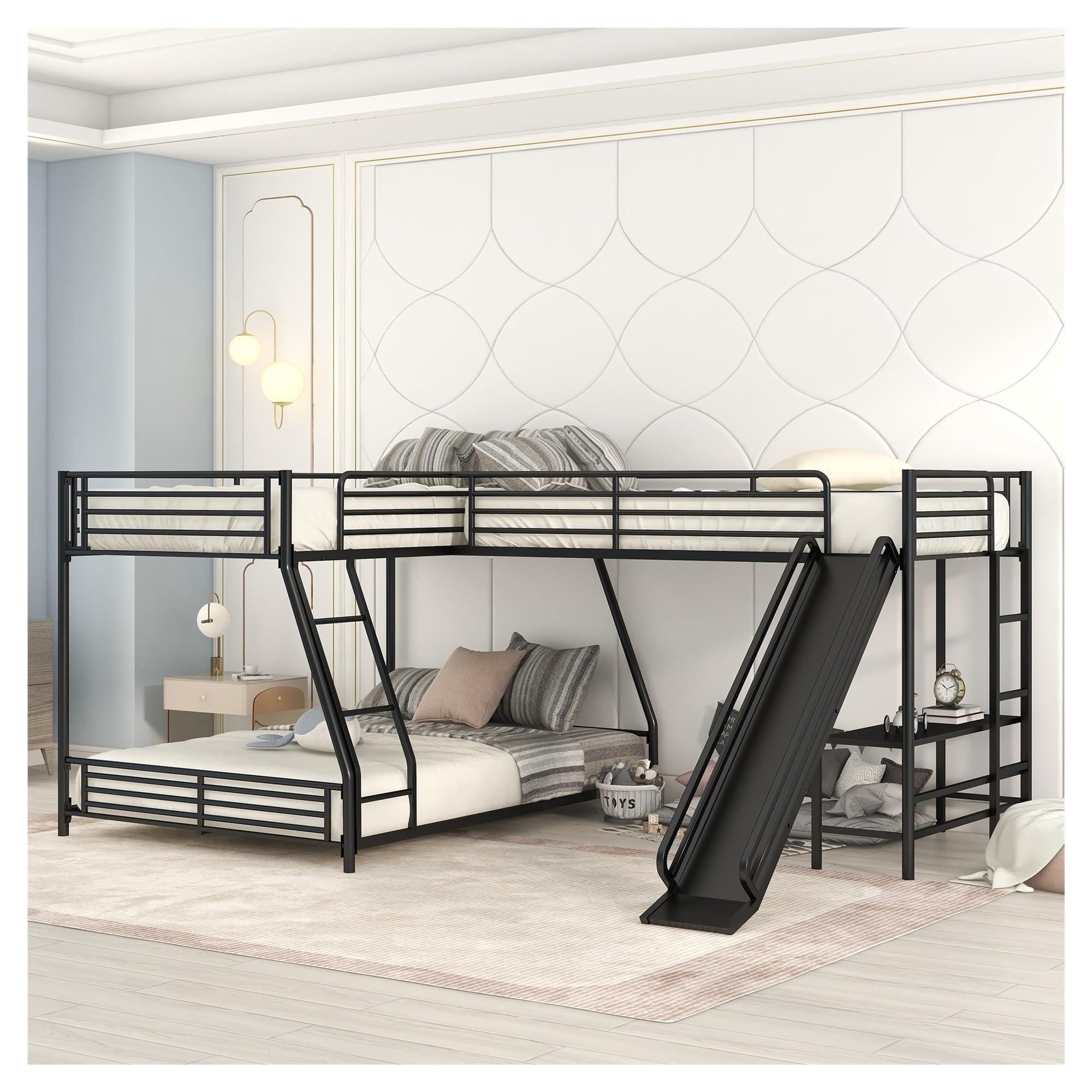 MhaRt L-Shaped Twin Over Full Bunk Bed with Twin Size Loft Bed, Built-in Desk, and Slide, Black,Modern Style