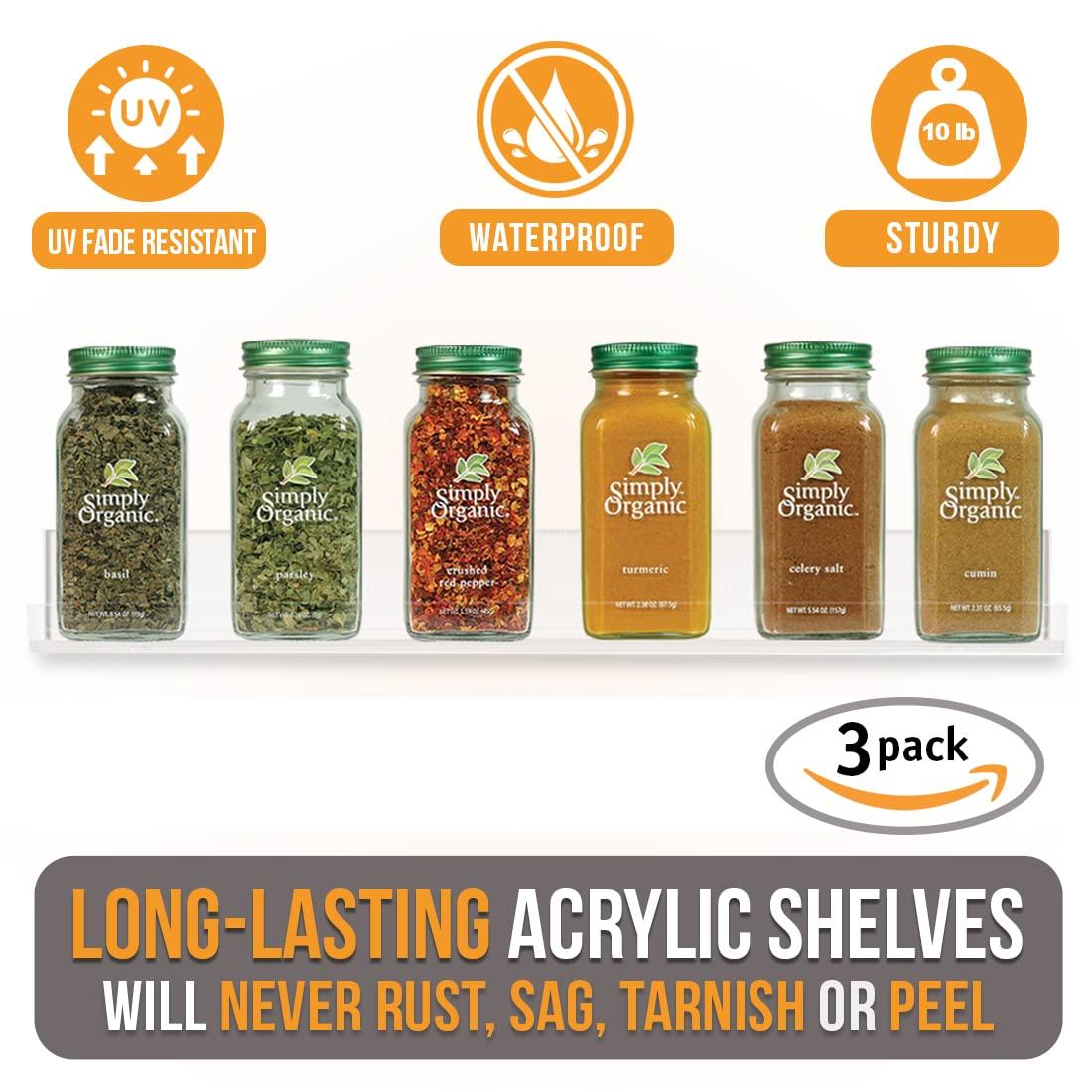 Pretty Display Pretty Display Wall Mounted Spice Rack Shelves [3-Pack] - Clear Acrylic 15\" Spice Shelves with Open Shelf Ends