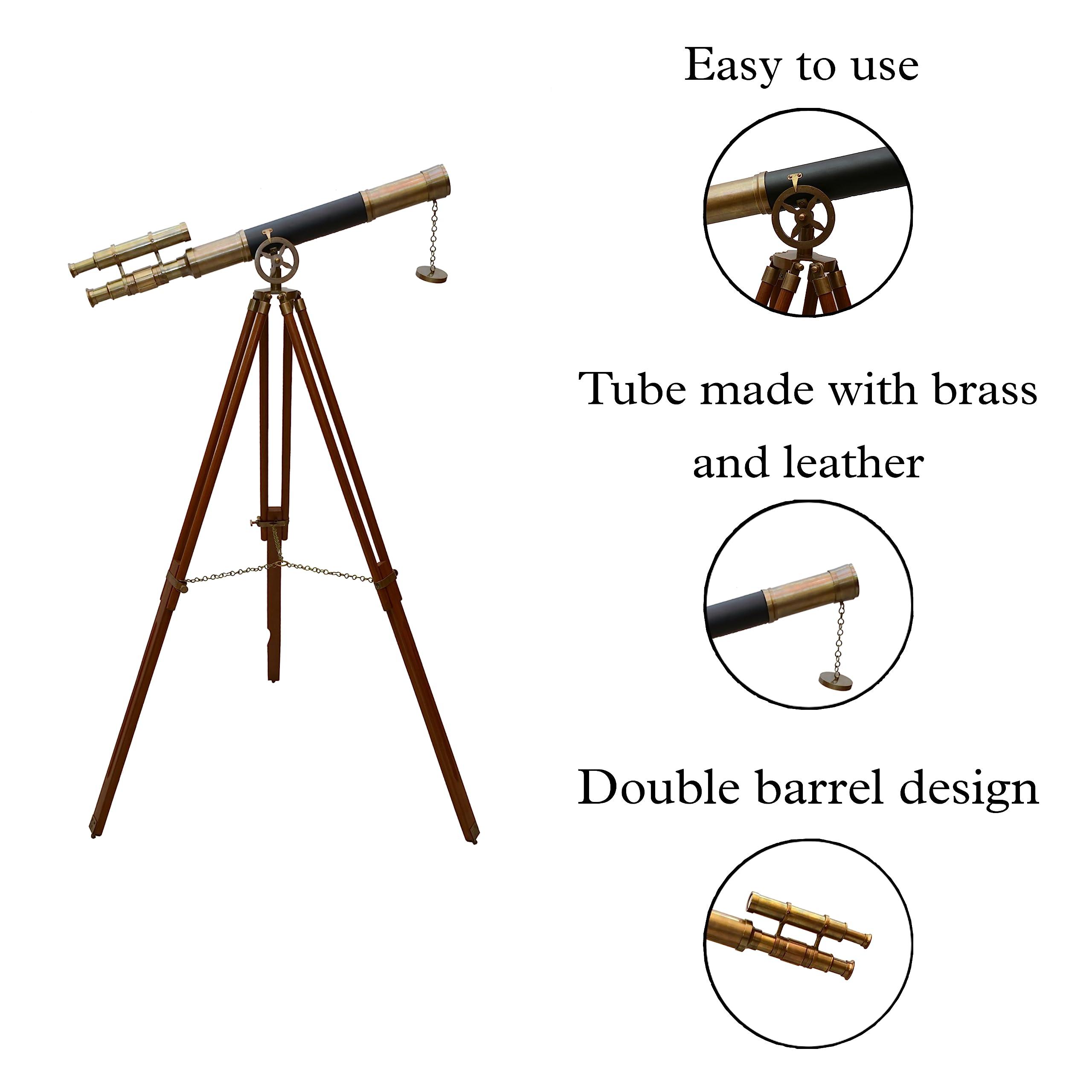 NAVIROCK Nautical Marine Designer Brass Telescope Antique Finish Double Barrel Black Leather Coverd Tube W/Wooden Brown Tripod Floor Standing Royal Handmade Authentic Telescopic - Navirock