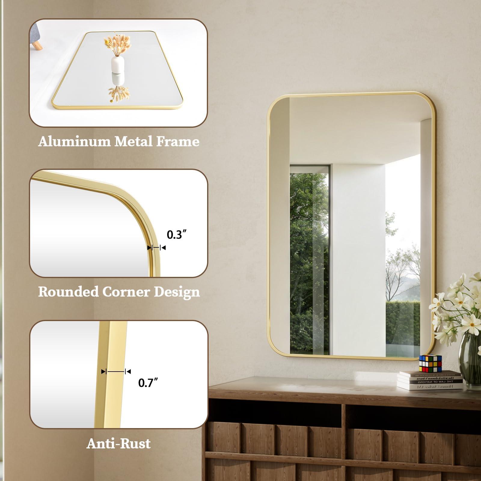 BEAUTYPEAK BEAUTYPEAK 26" x 38" Rectangular Aluminum Alloy Frame Wall Mounted Bathroom Mirror with Rounded Corners, Gold