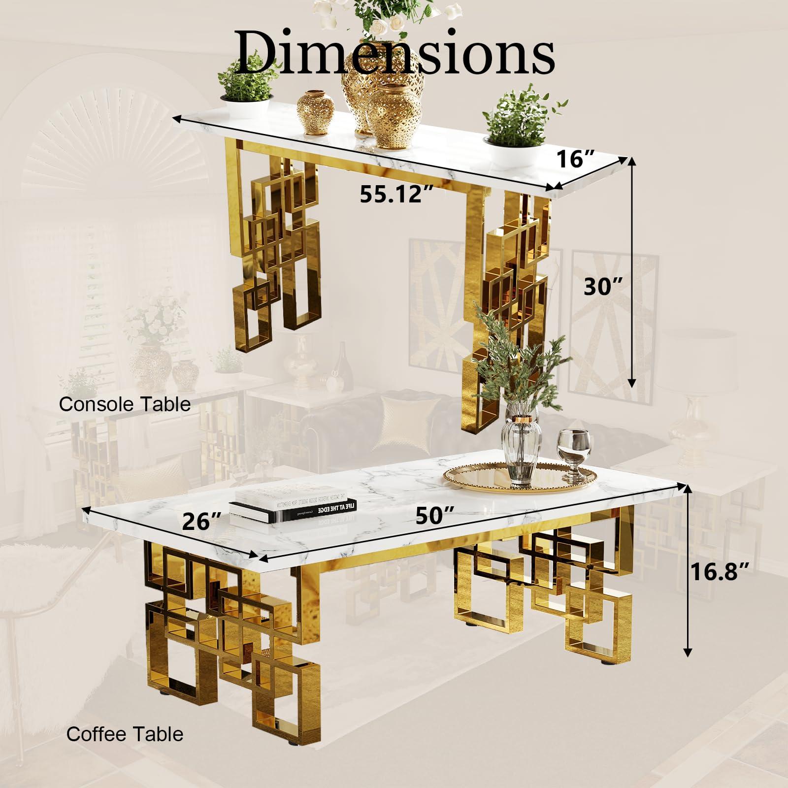 AUZ AUZ 2 Pieces Gold Living Room Table Sets, White and Gold Rectangle Living Room Coffee Tables with Geometric Base, White Coffee Table Set of 2