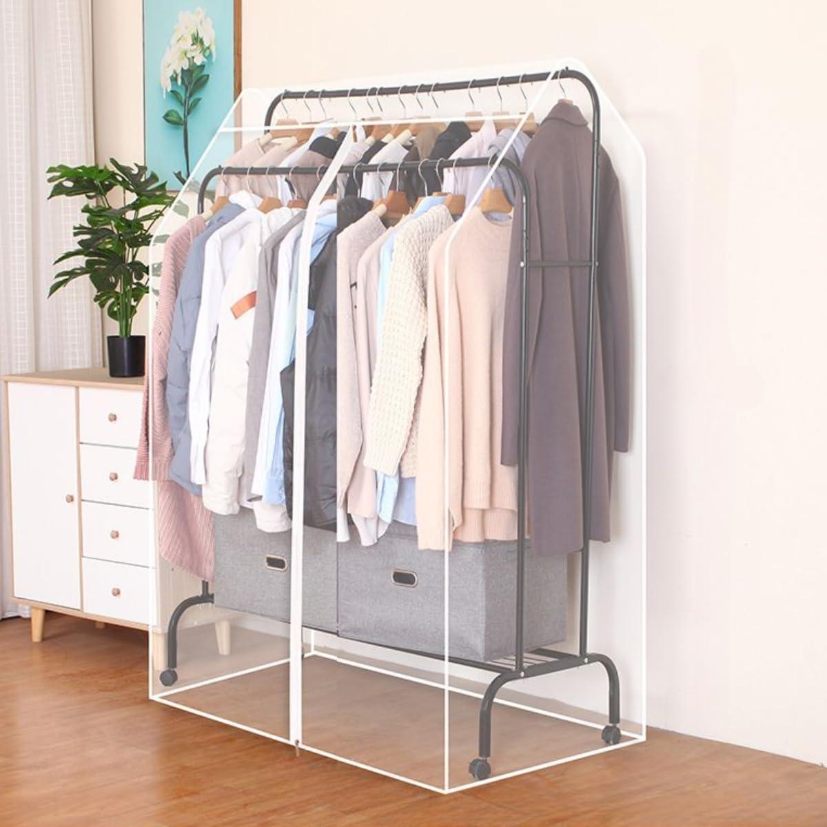 Haklein Double Hanging Rods Clothes Rail Widen Dust Cover, 75cm/29.5inch Extra Wide Garment Rack Cover with Zipper for Bedroom Shop Office, 5ft Hanging Clothes Rack Protector Cover (80X150X75cm,Transparent)
