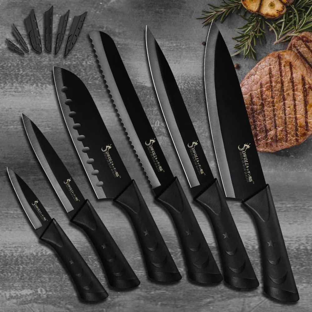 MAYiT Kitchen Knife Sets, 6pcs Black Knives Set Professional Chef Knife Tool DIY Roll Bag Portable Knives Kitchen Tools Slicing Santoku Fruit Knife with cover