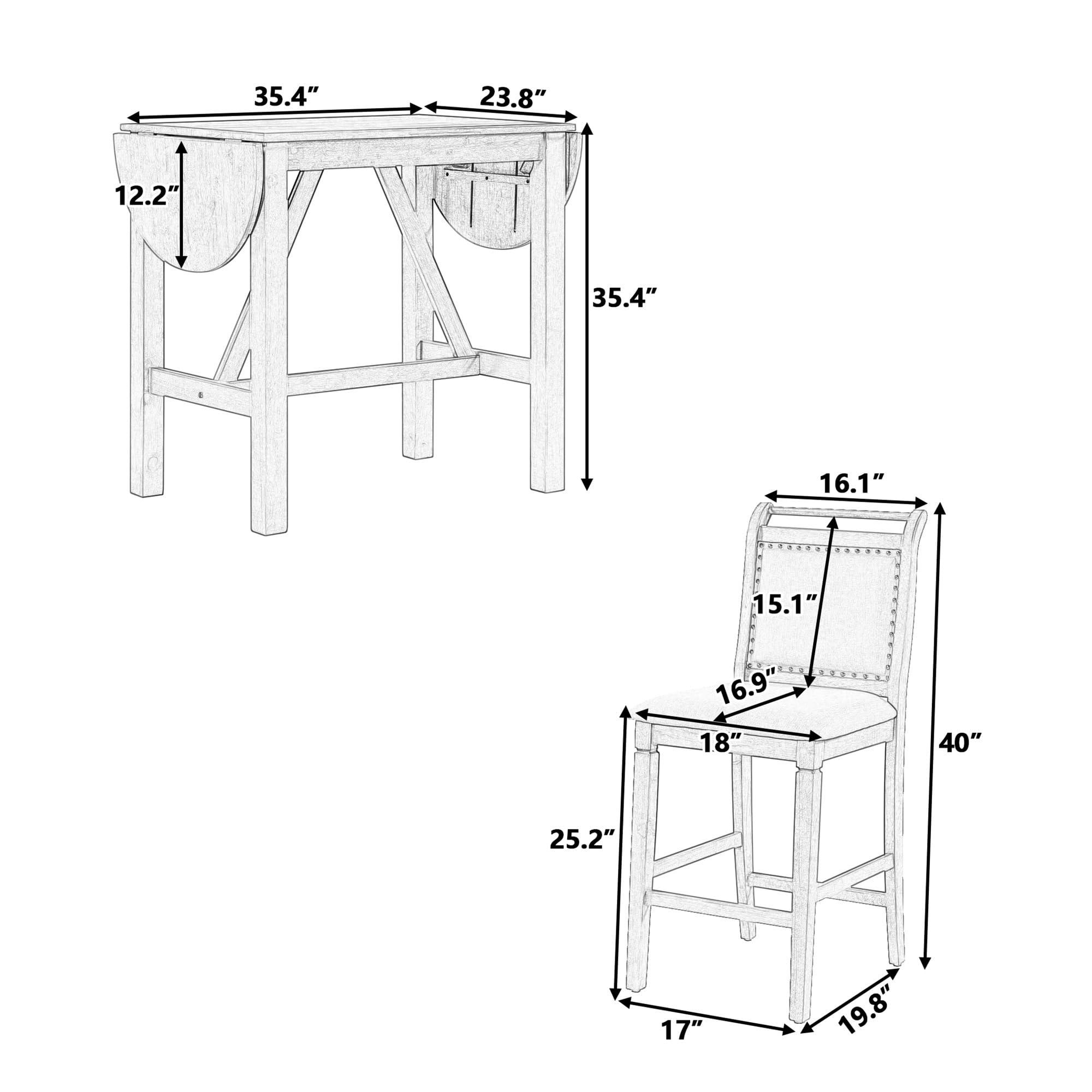 SUSUROSE SUSUROSE 3-Piece Wood Counter Height Drop Leaf Dining Table Set with 2 Upholstered Dining Chairs for Small Spaces,White