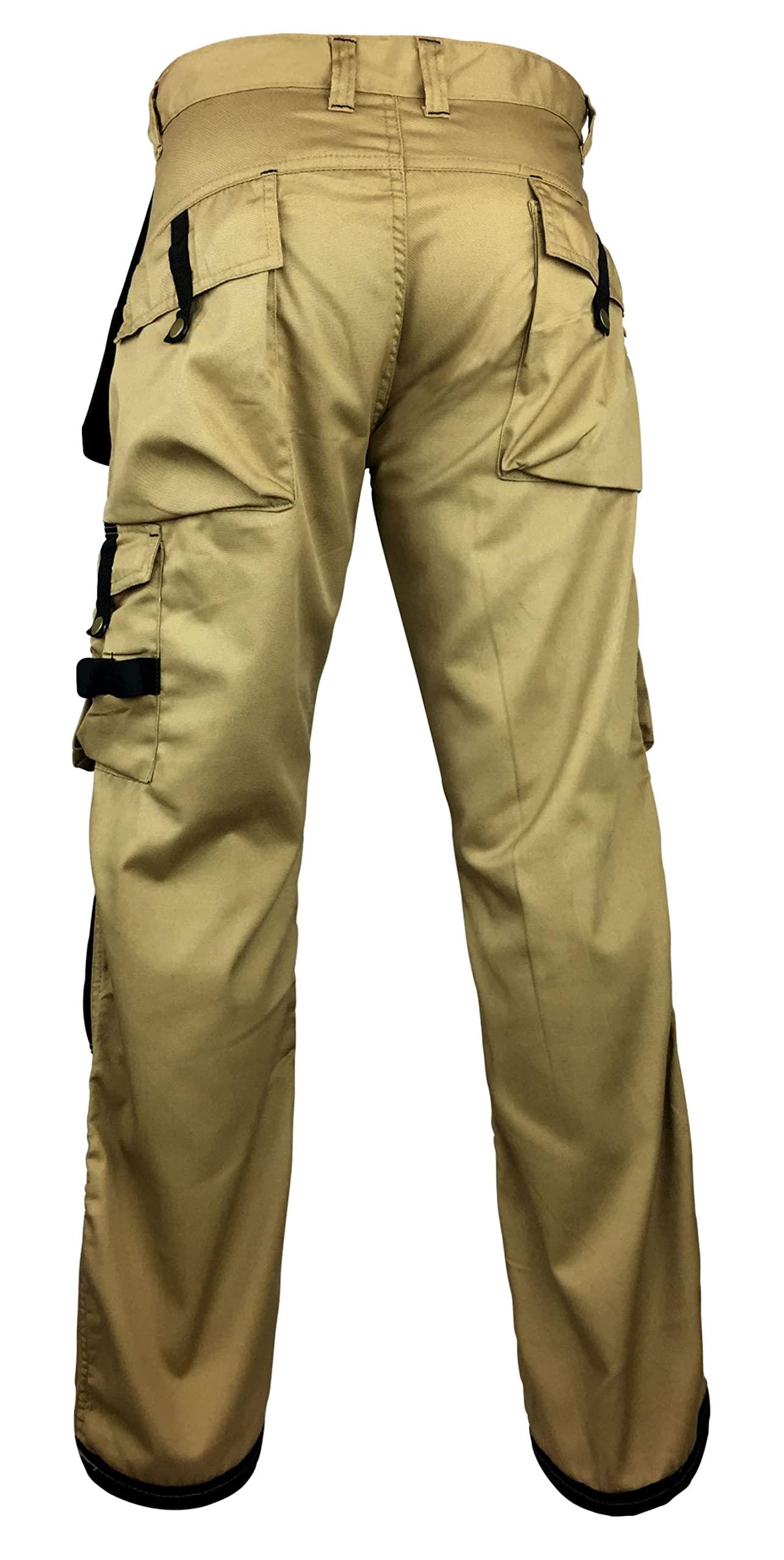 FASHIO FF FASHIO FF Men\'s Cordura Work Pants Tactical Trousers with Utility Tool Pockets Heavy Duty Reinforced Carpenter Safety Pants S1 Khaki W38-L34
