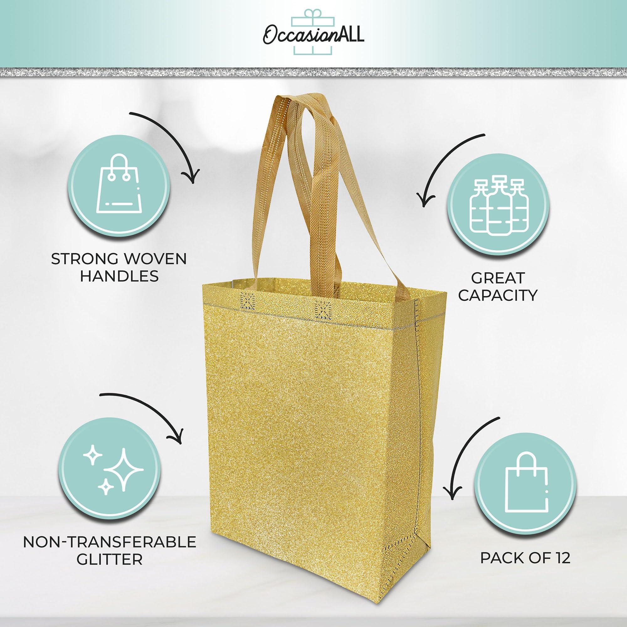 OccasionAll OccasionALL Gold Christmas Gift Bags, Large Reusable Glitter Totes with Handles for Holiday Shopping, Birthdays, Party, Events, Bulk, 10x5x13 12 Pack